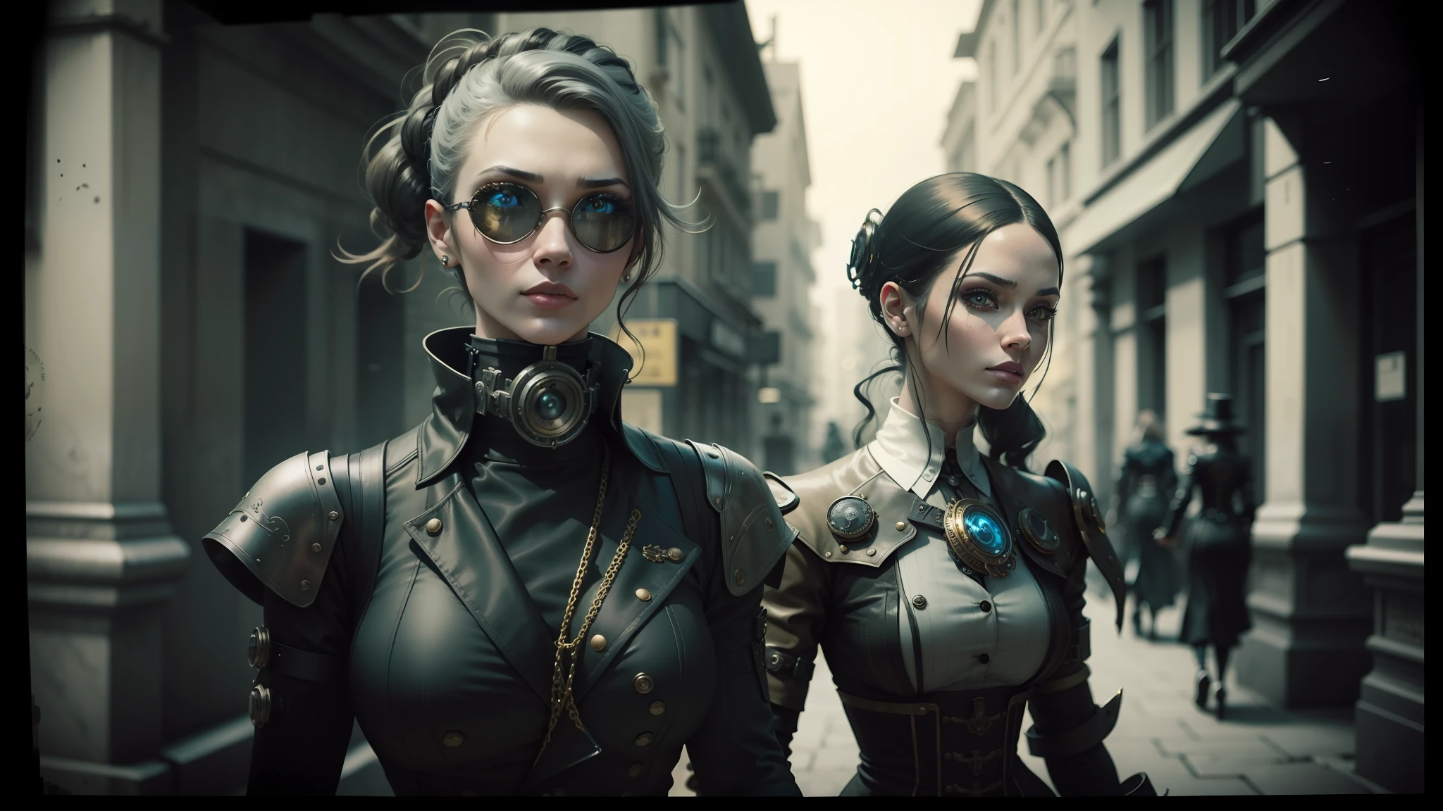 there are two women in steampunk clothing walking down the street, cyborg portrait, featured on vimeo, 2 0 1 4. modern attire, beautiful gemini twins, inspired by Craola, black and white color photograph, desaturated and muted colors, monocle, cyberpunk 2 0 4 8 --auto --s2