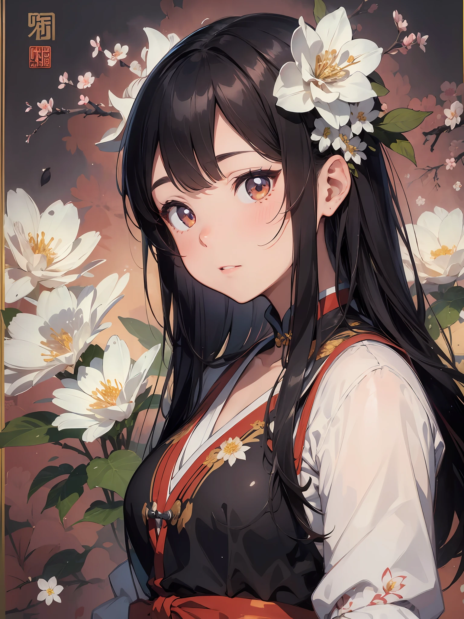 masterpiece, high quality, highly detailed, (rim lighting, spot lighting:0.75), ((good anatomy)), 1girl, (finely detailed face and beautiful eyes), oriental, solo, close up, blossomed flower, innocent eyes expressions, black hair, traditional Chinese ink painting, advanced color scheme, rich background, illustration, petals, Chinese style,