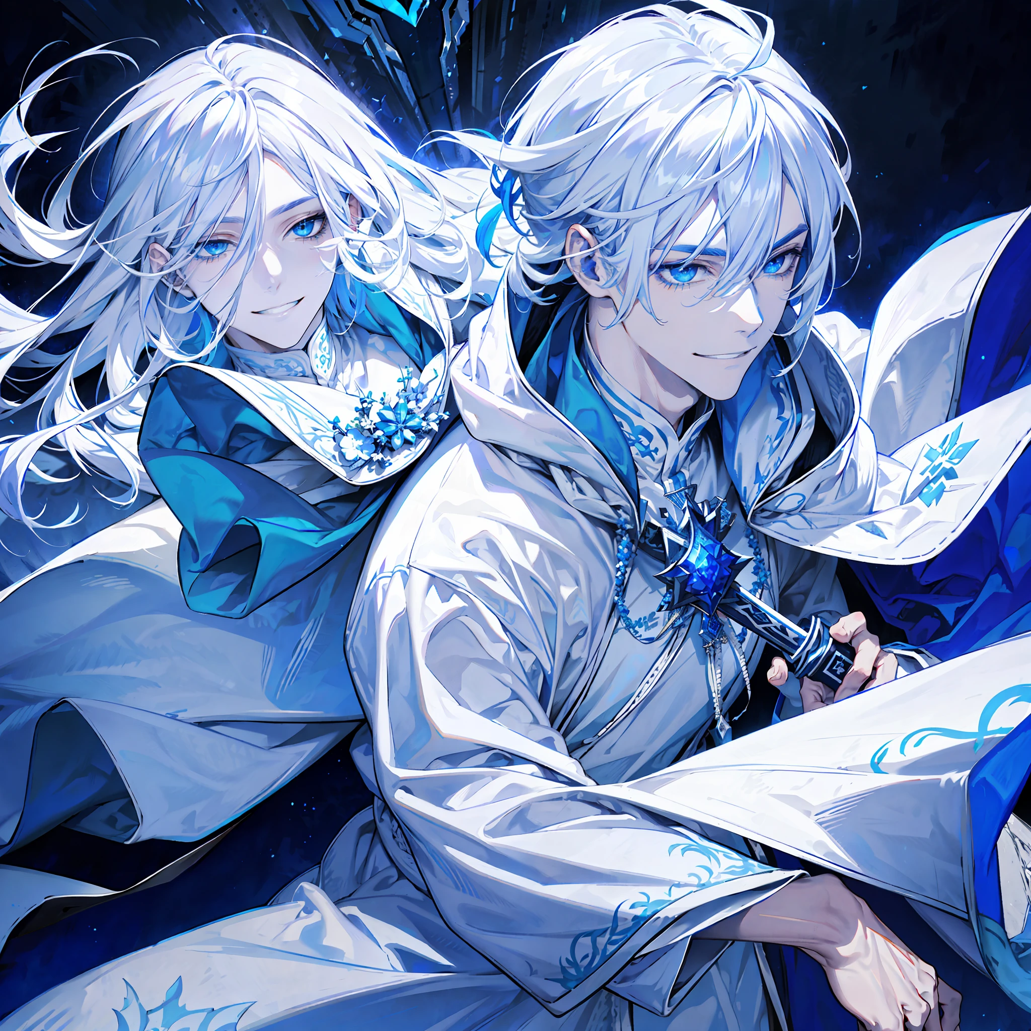 an attractive young man in ornate and ornate silver armor, chulesquely holding a curved silver knife, long long blue clothes under the armor with white wolf fur only on the edges of the clothes, hood with blue cape on the shoulders with white wolf fur on only the edges on the shoulders, hood over face,ichimaru face, ichimaru bleach, silver hair and long bangs crossing the face, hood over the face with silver armor on the edge, smiling, smiling face, Machiavellian smiling expression, smile and evil look, silver hair up to neck, light blue eyes, (((dynamic angle camera shot))), dynamic pose, icy tundra background landscape.