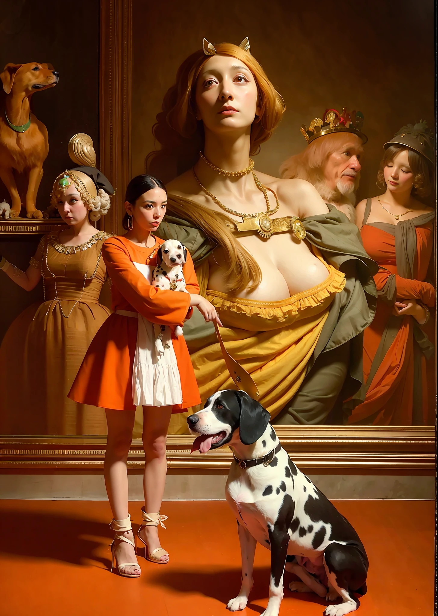 woman in orange dress standing next to a dalmatian dog, inspired by Giovanni Battista Tiepolo, inspired by Piero della Francesca, taken in 2 0 2 0, posing like a statue, michael angelo inspired, inspired by Kurt Wenner, with dogs, inspired by Giovanni Paolo Pannini, inspired by Piero di Cosimo, in front of a carved screen