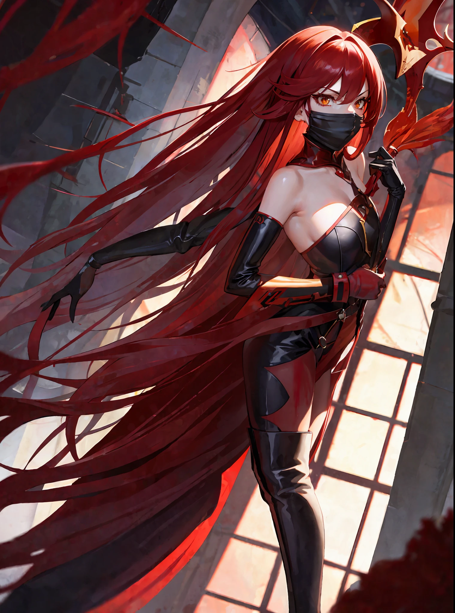 (masterpiece, best quality) an adult woman with very long red hair, short dress, red leather, black bows, long stockings, (red mask covering the eyes), red mask, (red mask), covered eyes, bare legs, bodysuit, queen, lake, braids, good anatomy, correct proportions, black boots, torn clothes, queen, yellow eyes, serious, mysterious appearance, blood, emotionless, red forest, straight bangs, very long red hair, evil, (yellow eyes), gothic, medium chest, blood weapons, blood spikes, chest to head show, cinematics, color oil painting, solo, film lighting, extremely detailed face, finely detailed face, beautiful face, beautiful eyes, perfect lighting, depth of field, realistic proportions, good anatomy, long coat