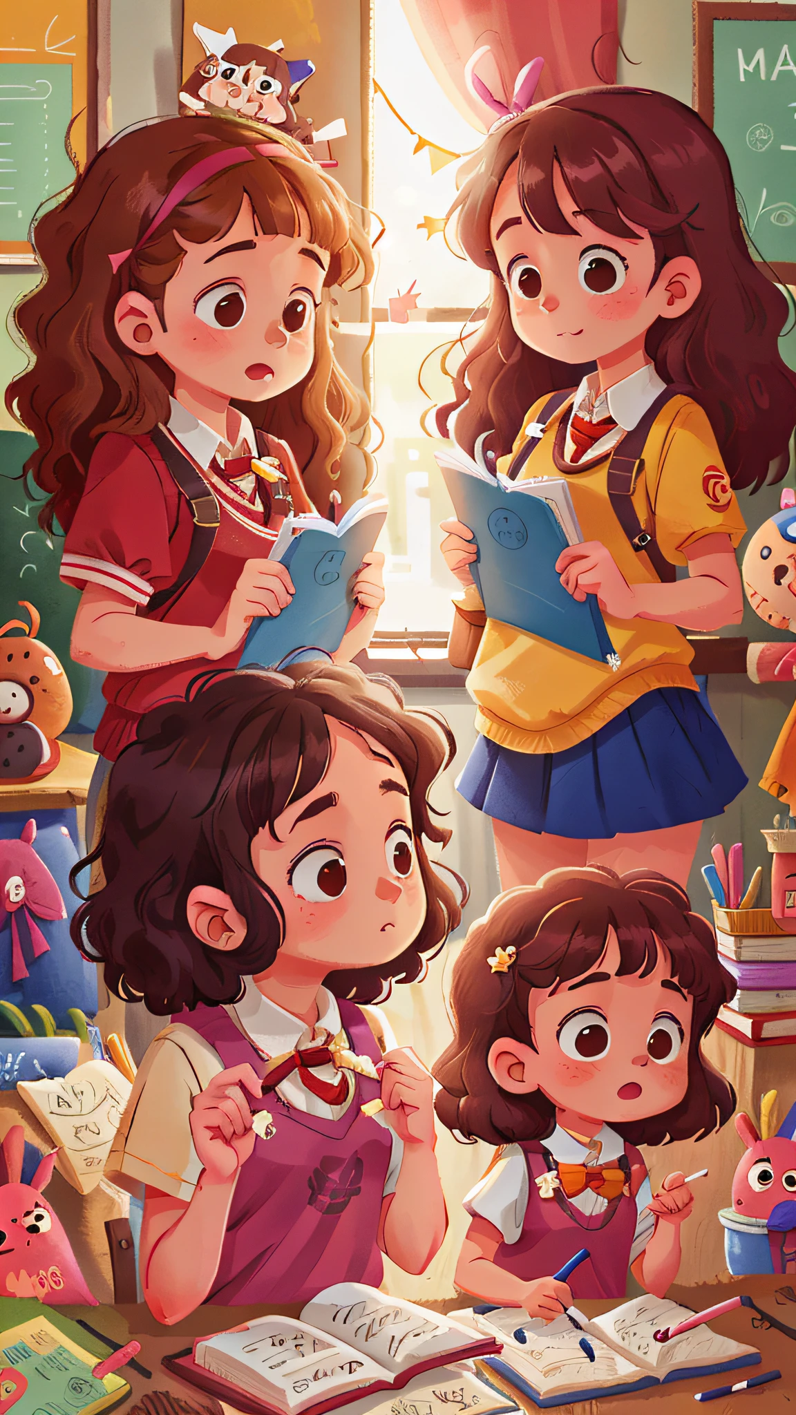 Two girls, twins, curly brown hair, doing schoolwork