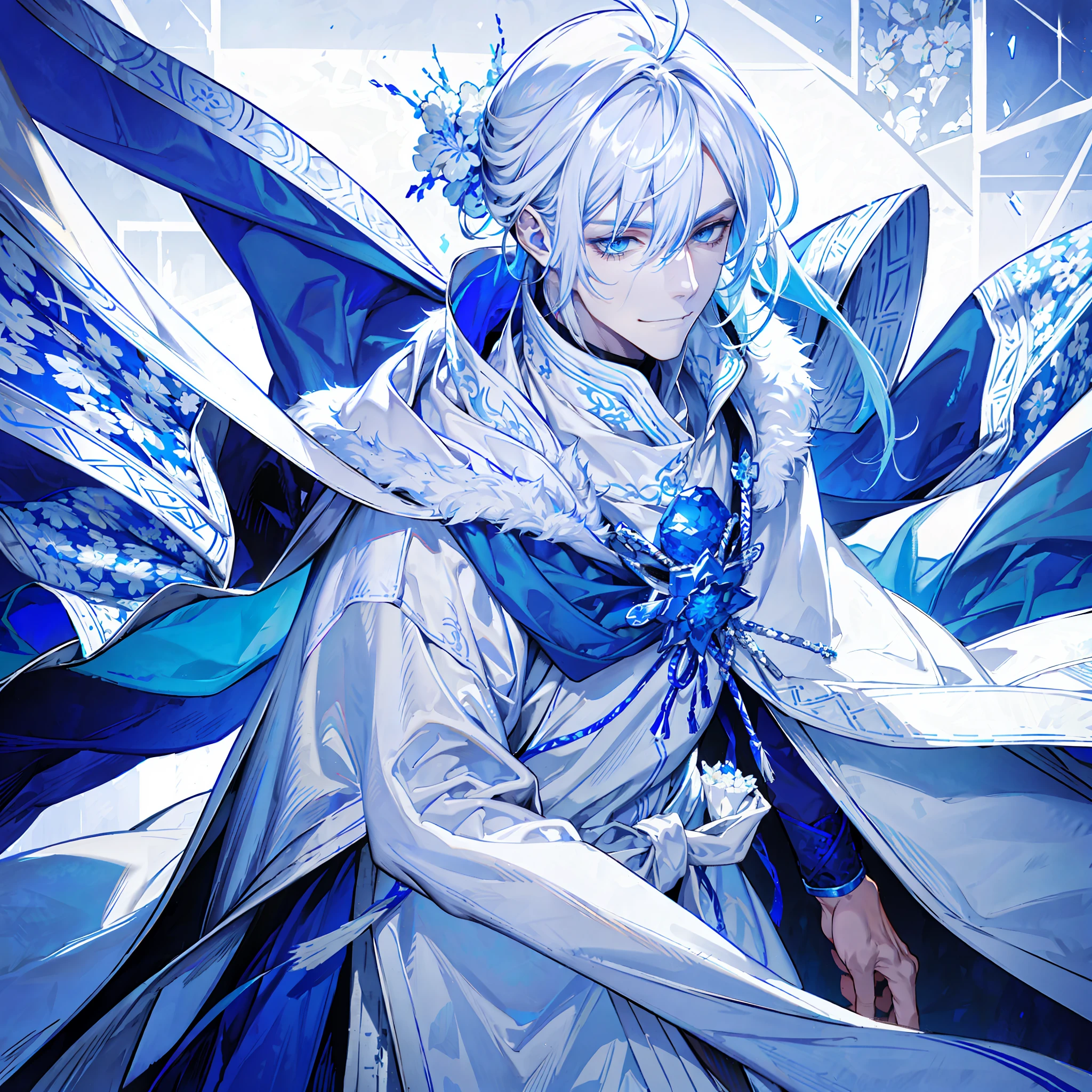 an attractive young man in ornate and ornate silver armor, chulesquely holding a curved silver knife, long long blue clothes under the armor with white wolf fur only on the edges of the clothes, hood with blue cape on the shoulders with white wolf fur on only the edges above the shoulders, hood over face,ichimaru face, ichimaru bleach, silver hair and long bangs crossing the face, hood over the face with silver armor on the edge, smiling, smiling face, Machiavellian smiling expression, smile and evil look, silver hair up to neck, light blue eyes, (((dynamic angle camera shot))), dynamic pose, icy tundra background landscape.