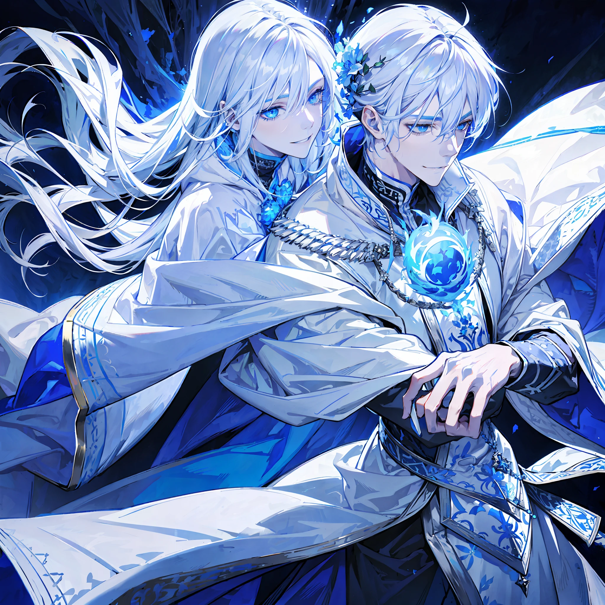 an attractive young man in ornate and ornate silver armor, chulesquely holding a curved silver knife, long long blue clothes under the armor with white wolf fur only on the edges of the clothes, hood with blue cape on the shoulders with white wolf fur on only the edges above the shoulders,  hood over face,ichimaru face, ichimaru bleach, silver hair and long bangs crossing the face, hood over the face with silver armor on the edge, smiling, smiling face, Machiavellian smiling expression, smile and evil look, silver hair up to neck, light blue eyes, (((dynamic angle camera shot))), dynamic pose, icy tundra background landscape.