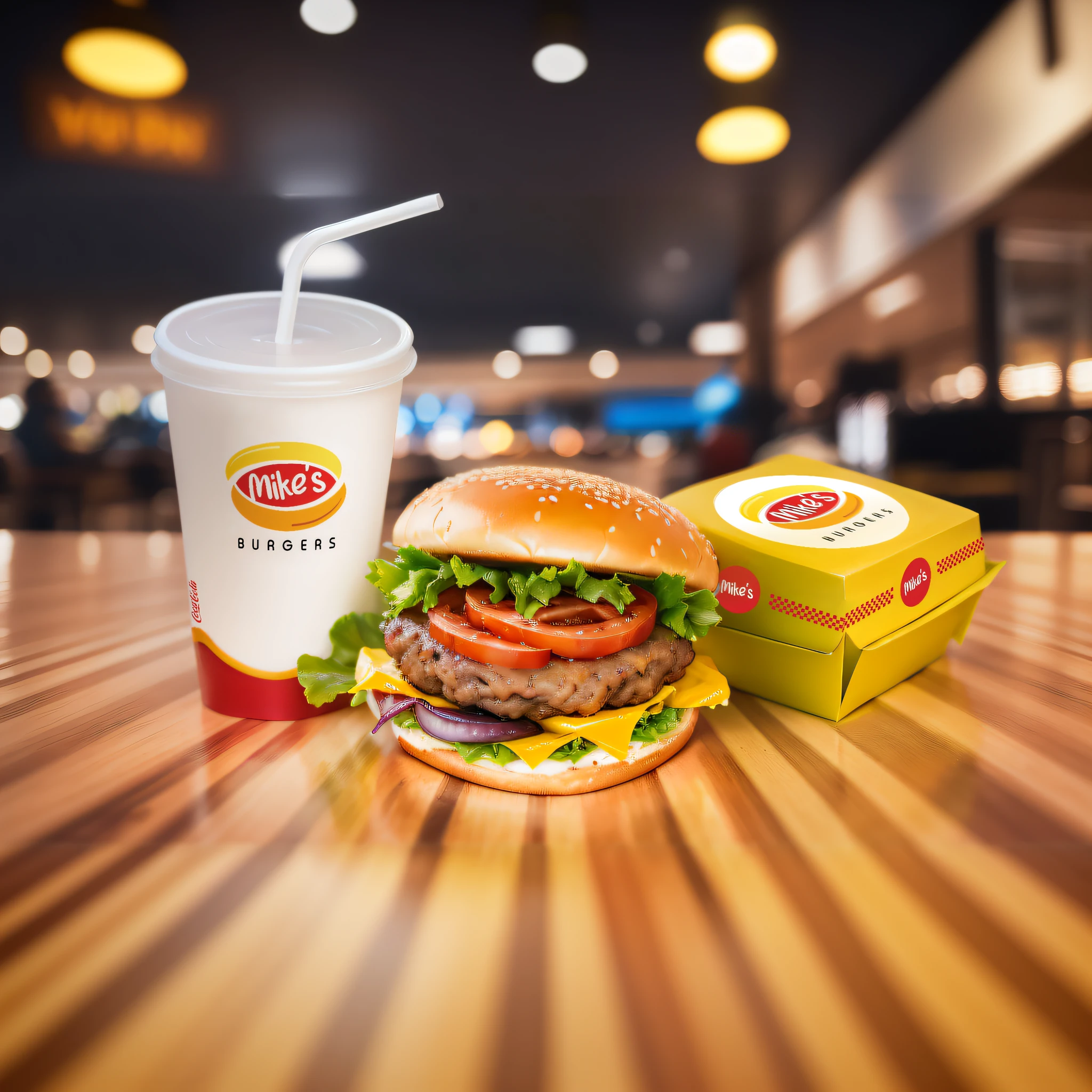 "(lighted diner, paper cup and straw, foreground burger, delicious and juicy, yellow packing box, fast food) --size 2" --auto --s2