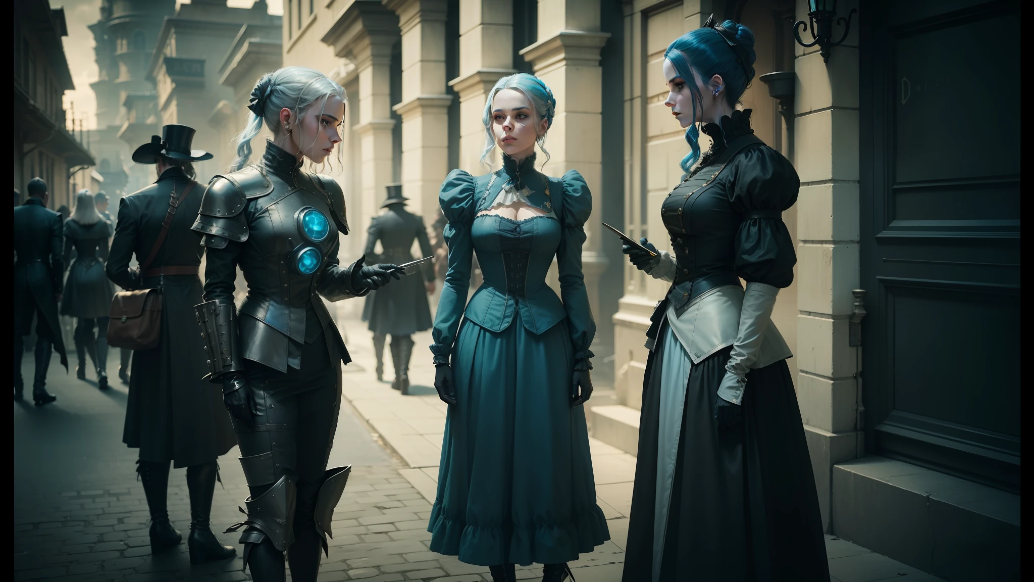 three people in costumes are standing on a sidewalk, inspired victorian sci - fi, behance, beautiful female android, 1 8 0 0's, from witcher (2021), machine noir dieselpunk grimcore, blue adornements, 4 limbs and civilized behavior, guards, terminals, desaturated blue, three futuristic princes --auto --s2