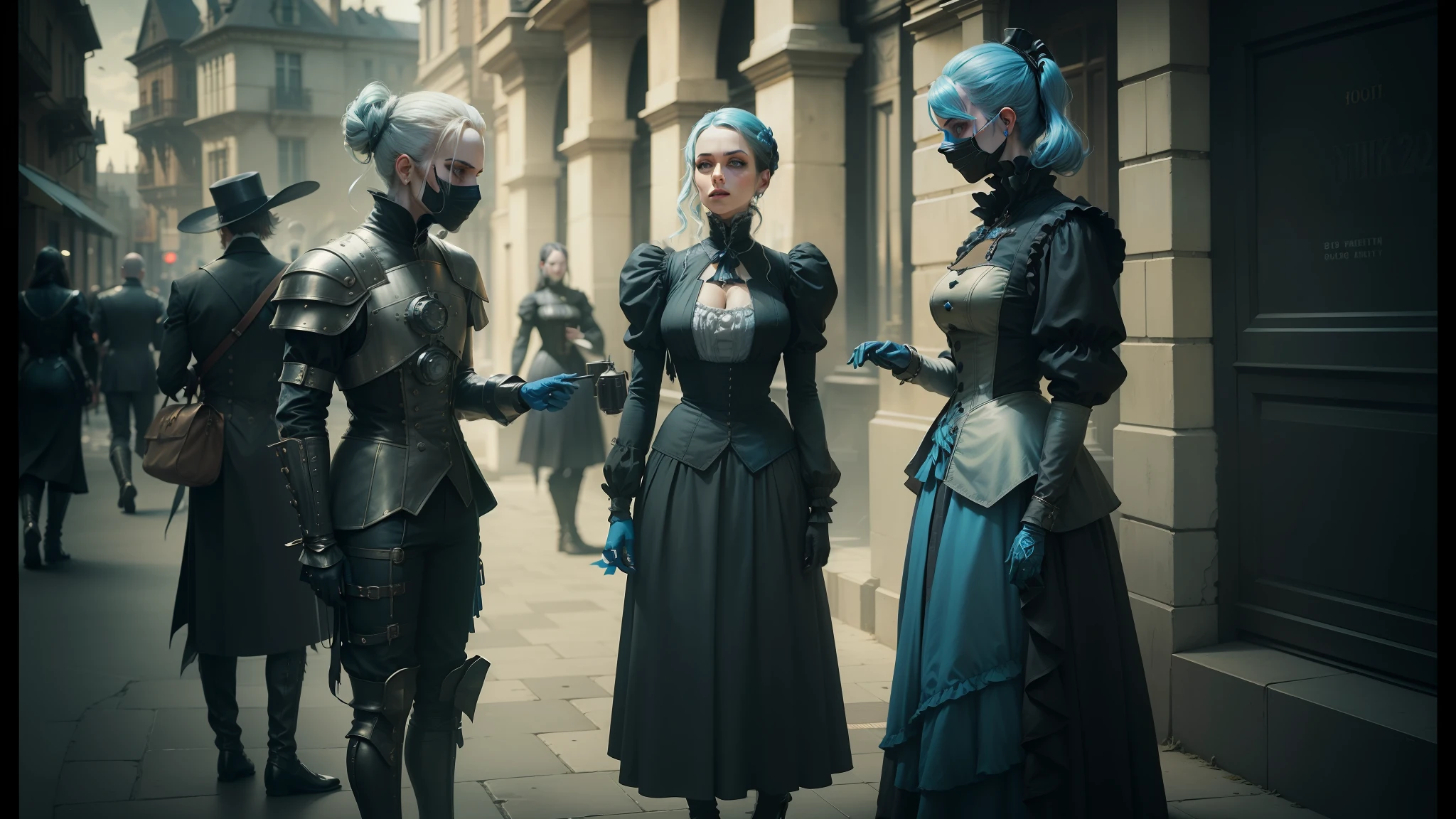 three people in costumes are standing on a sidewalk, inspired victorian sci - fi, behance, beautiful female android, 1 8 0 0's, from witcher (2021), machine noir dieselpunk grimcore, blue adornements, 4 limbs and civilized behavior, guards, terminals, desaturated blue, three futuristic princes --auto --s2