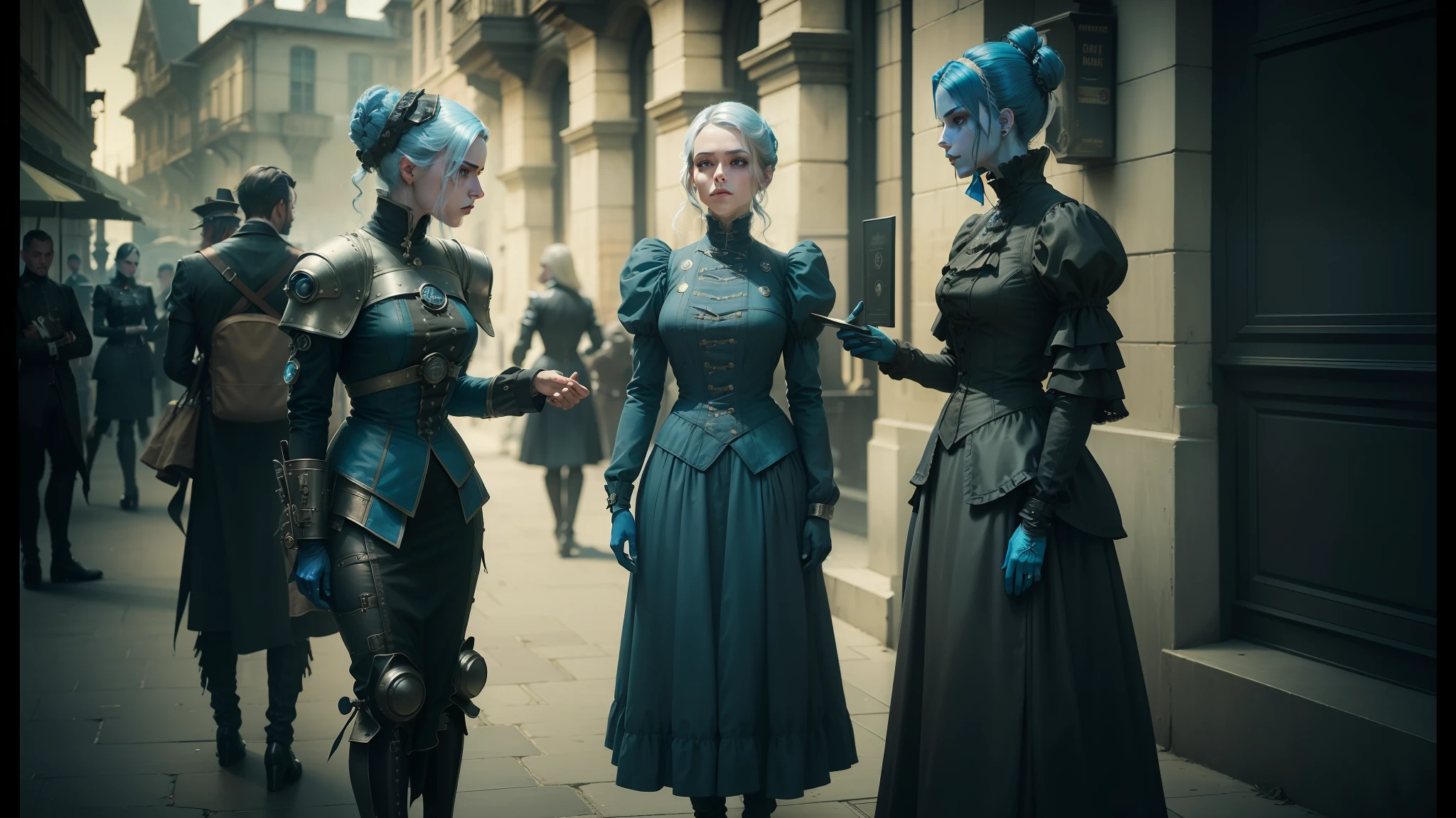 three people in costumes are standing on a sidewalk, inspired victorian sci - fi, behance, beautiful female android, 1 8 0 0's, from witcher (2021), machine noir dieselpunk grimcore, blue adornements, 4 limbs and civilized behavior, guards, terminals, desaturated blue, three futuristic princes --auto --s2