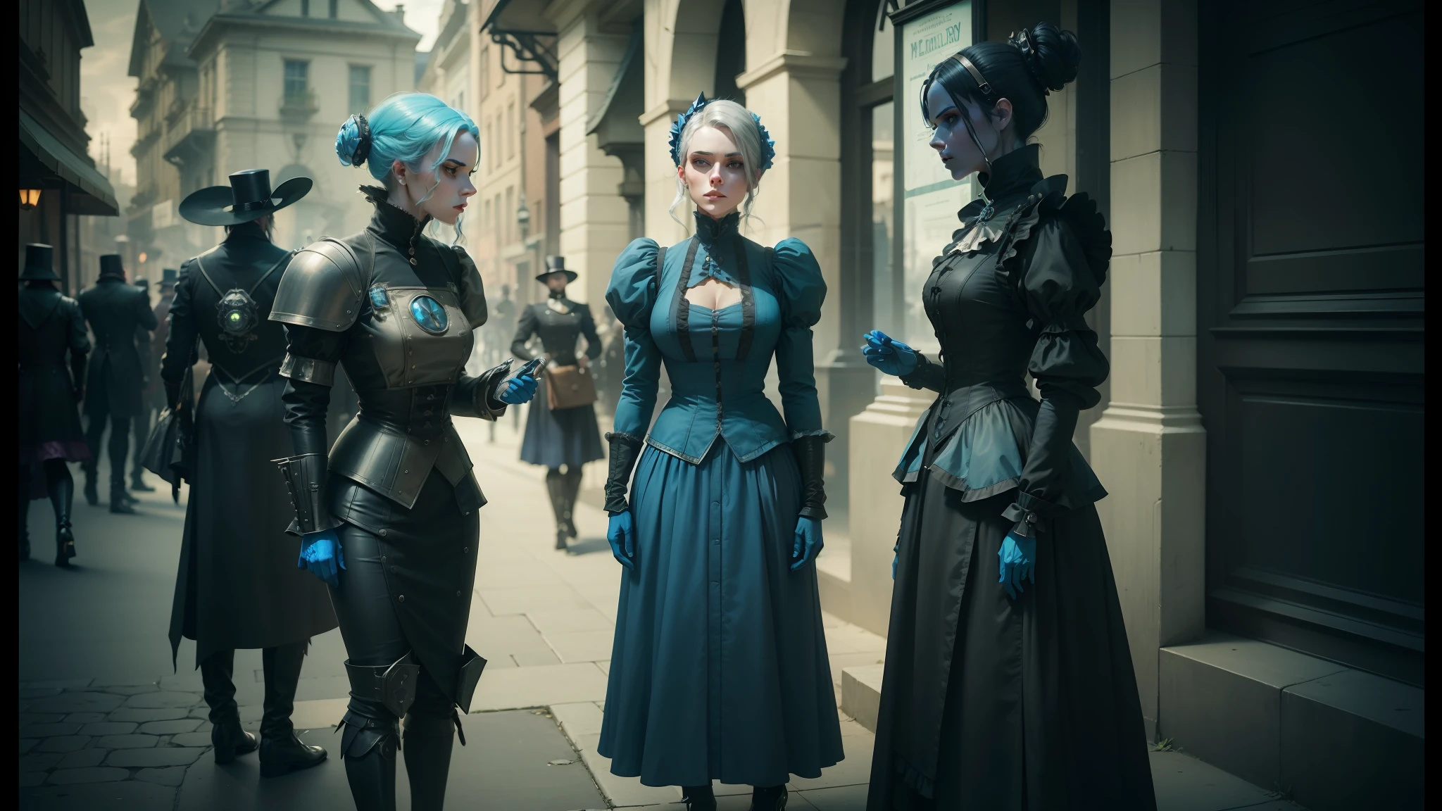 three people in costumes are standing on a sidewalk, inspired victorian sci - fi, behance, beautiful female android, 1 8 0 0's, from witcher (2021), machine noir dieselpunk grimcore, blue adornements, 4 limbs and civilized behavior, guards, terminals, desaturated blue, three futuristic princes --auto --s2
