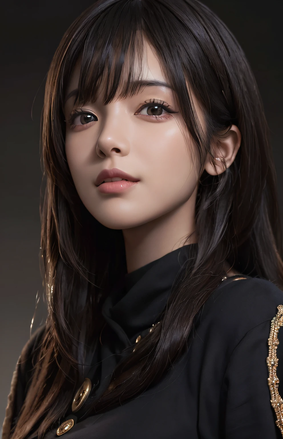 (Ultra Realistic), (Illustration), (Increased Resolution), (8K), (Extremely Detailed), (Best Illustration), (Beautiful and Detailed Eyes), (Best Quality), (Ultra Detailed), (Masterpiece ), ( wallpaper), (detailed face), solo, 1 girl, looking at viewer, fine details, detailed face, in the dark, deep shadows, low key, pureerosfaceace_v1, smiling, long hair, black shawl straight hair , 46 points oblique bangs