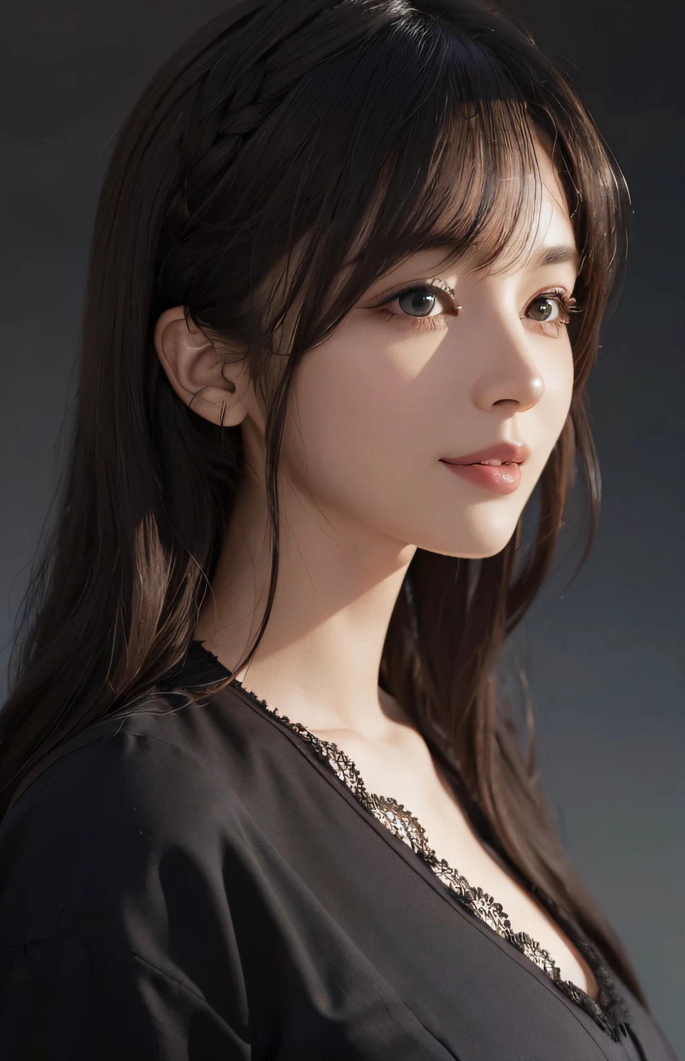 (Ultra Realistic), (Illustration), (Increased Resolution), (8K), (Extremely Detailed), (Best Illustration), (Beautiful and Detailed Eyes), (Best Quality), (Ultra Detailed), (Masterpiece ), ( wallpaper), (detailed face), solo, 1 girl, looking at viewer, fine details, detailed face, in the dark, deep shadows, low key, pureerosfaceace_v1, smiling, long hair, black shawl straight hair , 46 points oblique bangs