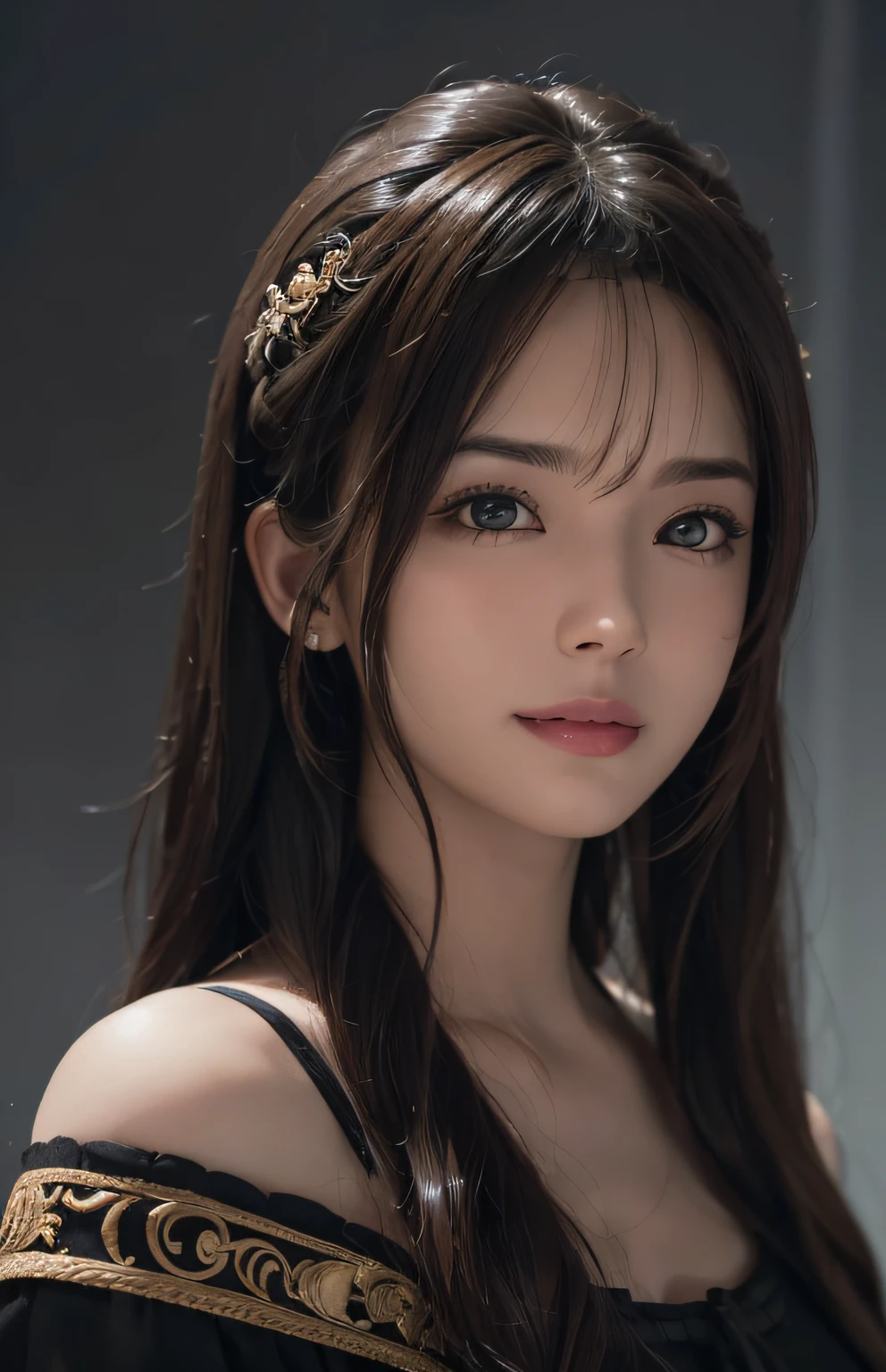 (Ultra Realistic), (Illustration), (Increased Resolution), (8K), (Extremely Detailed), (Best Illustration), (Beautiful and Detailed Eyes), (Best Quality), (Ultra Detailed), (Masterpiece ), ( wallpaper), (detailed face), solo, 1 girl, looking at viewer, fine details, detailed face, in the dark, deep shadows, low key, pureerosfaceace_v1, smiling, long hair, black shawl straight hair , 46 points oblique bangs