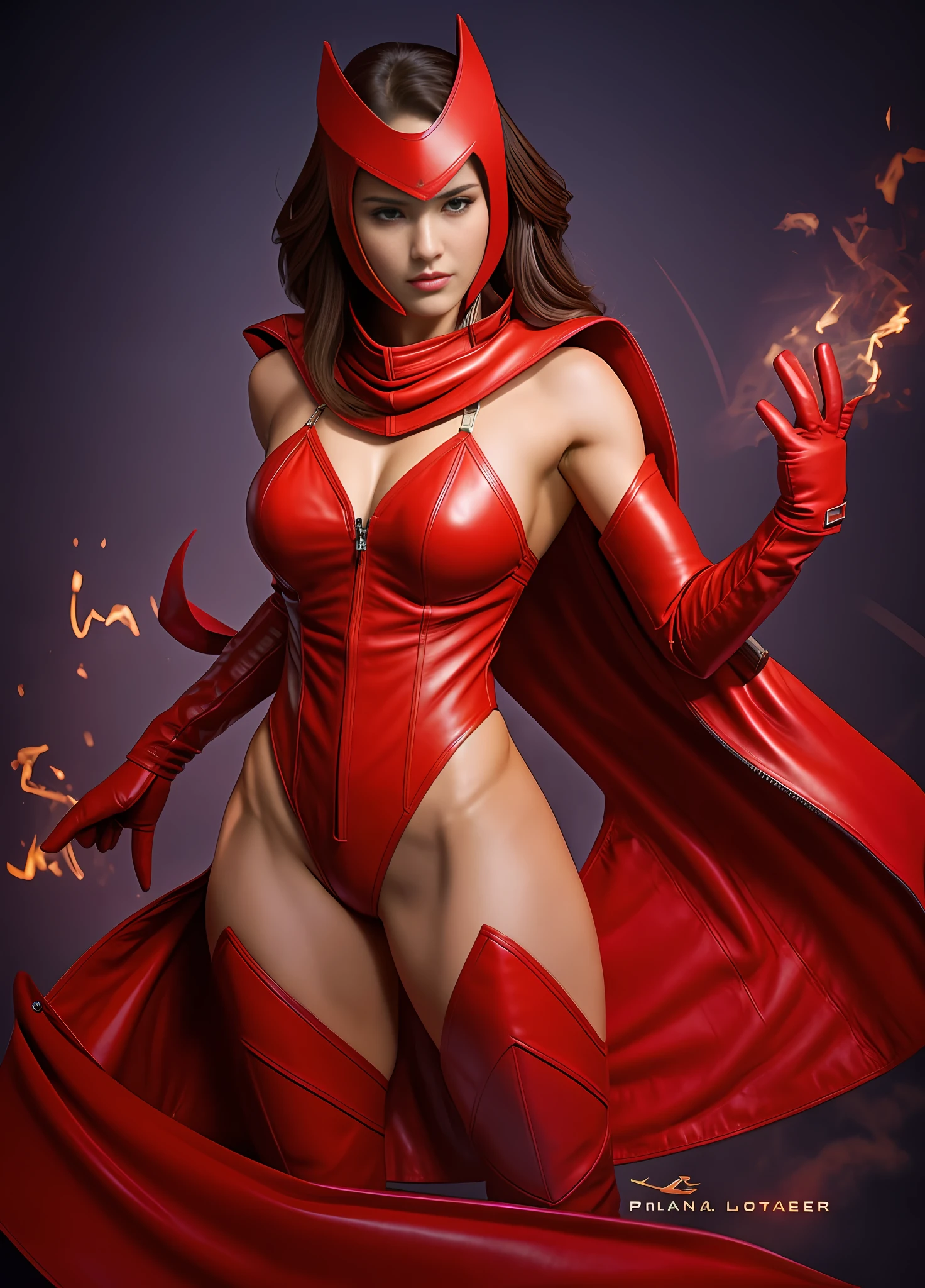 4K, sexy woman, muscular body, brown hair, leather suit, power in hand.