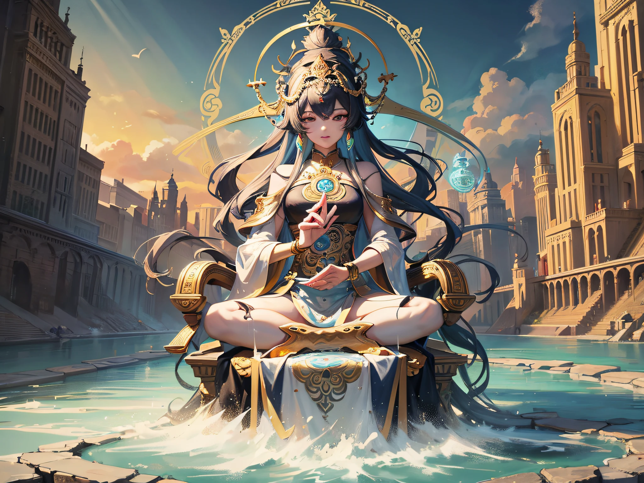Void Bodhisattva statue sitting on throne, digital painting of tower, river flowing beside robot, beautiful Buddhist mandala, image of sales site, robe of golden letters in lake, photorealist, featured art, wrist image --auto --s2