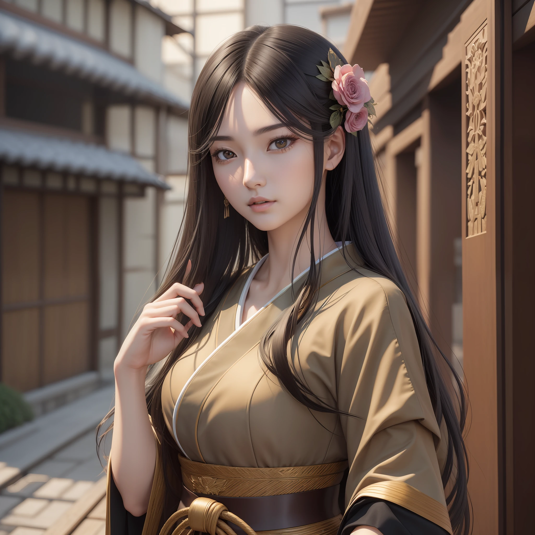 ((Best Quality)), ((Masterpiece)), (Details: 1.4), (Woman of Japan), Long Black Hair, Brown Eyes, 3D, Beautiful Woman Image, HDR, High Dynamic Range, Ray Tracing, NVIDIA RTX, Super Resolution, Unreal 5