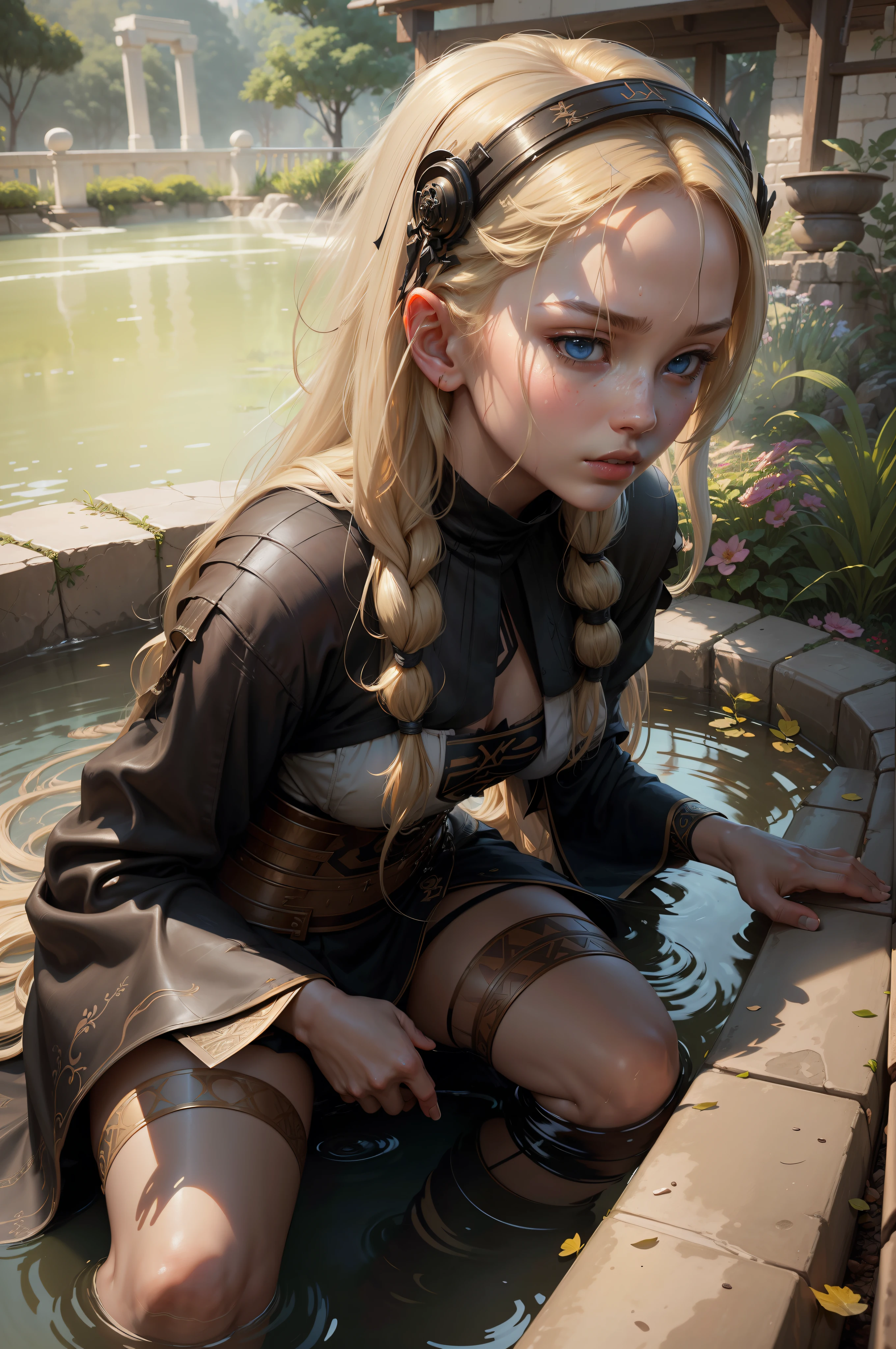 (full figure:1.1), masterpiece, realistic, realism, photorealism, high contrast, in full light, photorealistic digital art trending on Artstation 8k HD high definition detailed realistic, 1girl, (solo:1.5), young beautiful woman, petite, medium perky breasts, ((blue eyes)), (blonde long hair:1.5), tight long white dress, (white knee high socks:1.1), (no head gear:1.5), ((priestess)), parted lips, art by artgerm and ruan jia and greg rutkowski surreal painting, detailed, skin texture, hyper-detailed, realistic skin texture, side view, garden, lying in a hot spring, forest, clear water, head down, flustered, drenched