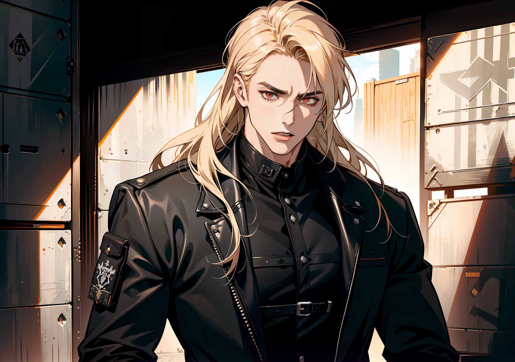 portrait, ((open mouth)), (absurd res, high res, ultra detailed), 1 male, adult, handsome, tall muscular guy, broad shoulders, blonde long hair, red eyes, finely detailed eyes, looking at viewer, solo, no background, detailed face, smirk, renegade, rugged dark leather clothes, small leather pouch, high fantasy medieval setting, smuggler hideout background, stealth, undercover, (crates in background), shadows, fog, (dutch angle), ((portrait)), black shirt, black jacket