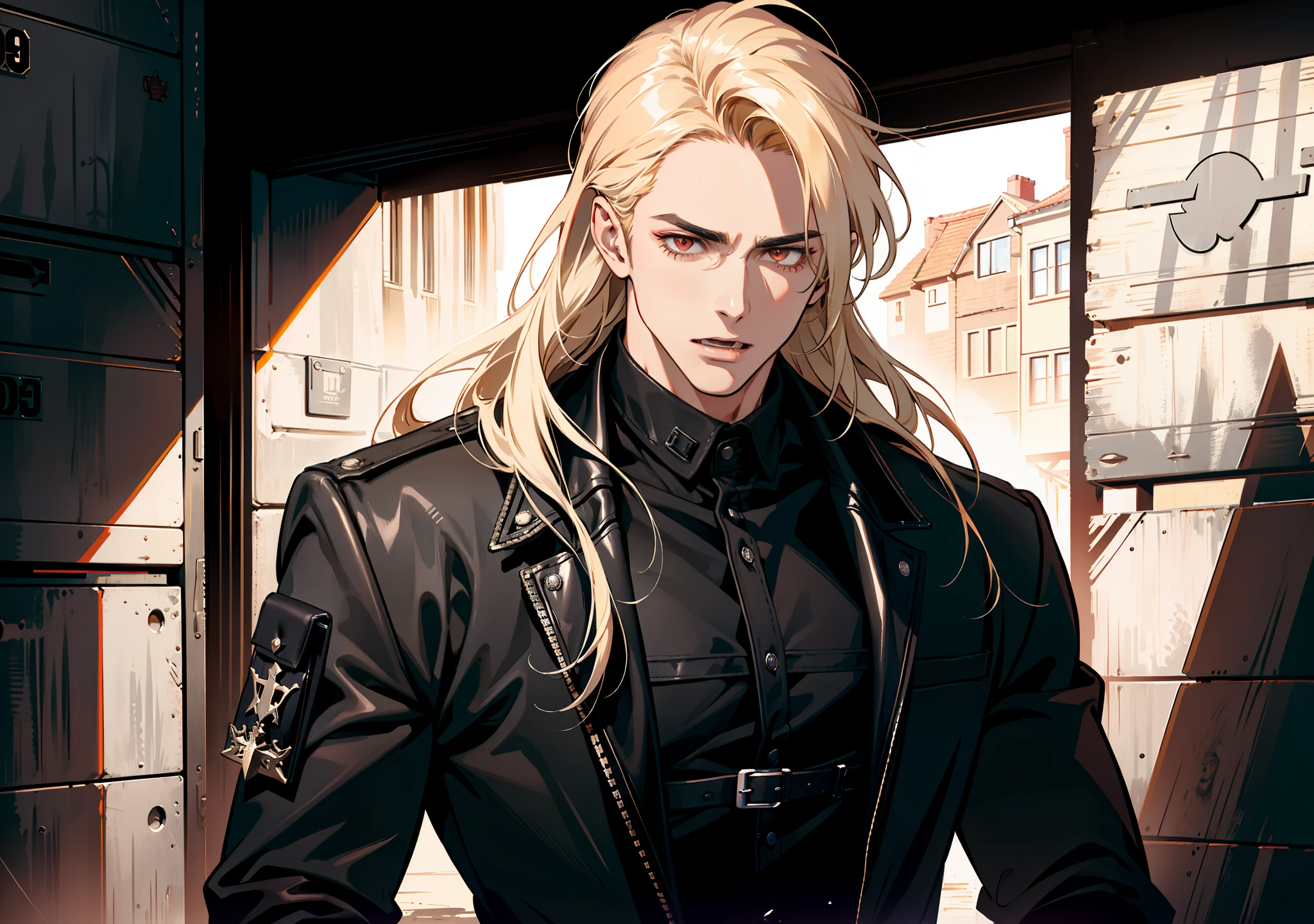 portrait, ((open mouth)), (absurd res, high res, ultra detailed), 1 male, adult, handsome, tall muscular guy, broad shoulders, blonde long hair, red eyes, finely detailed eyes, looking at viewer, solo, no background, detailed face, smirk, renegade, rugged dark leather clothes, small leather pouch, high fantasy medieval setting, smuggler hideout background, stealth, undercover, (crates in background), shadows, fog, (dutch angle), ((portrait)), black shirt, black jacket