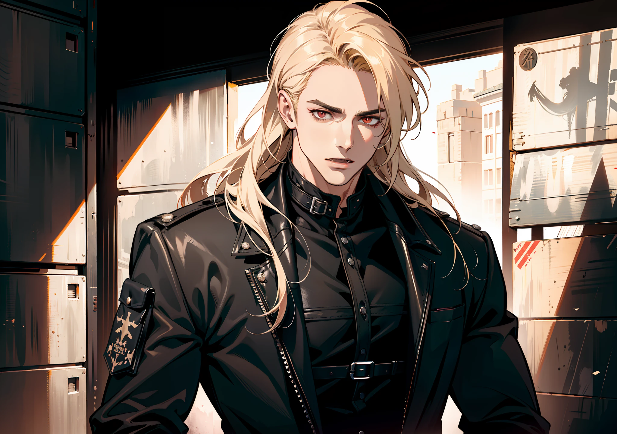 portrait, ((open mouth)), (absurd res, high res, ultra detailed), 1 male, adult, handsome, tall muscular guy, broad shoulders, blonde long hair, red eyes, finely detailed eyes, looking at viewer, solo, no background, detailed face, smirk, renegade, rugged dark leather clothes, small leather pouch, high fantasy medieval setting, smuggler hideout background, stealth, undercover, (crates in background), shadows, fog, (dutch angle), ((portrait)), black shirt, black jacket