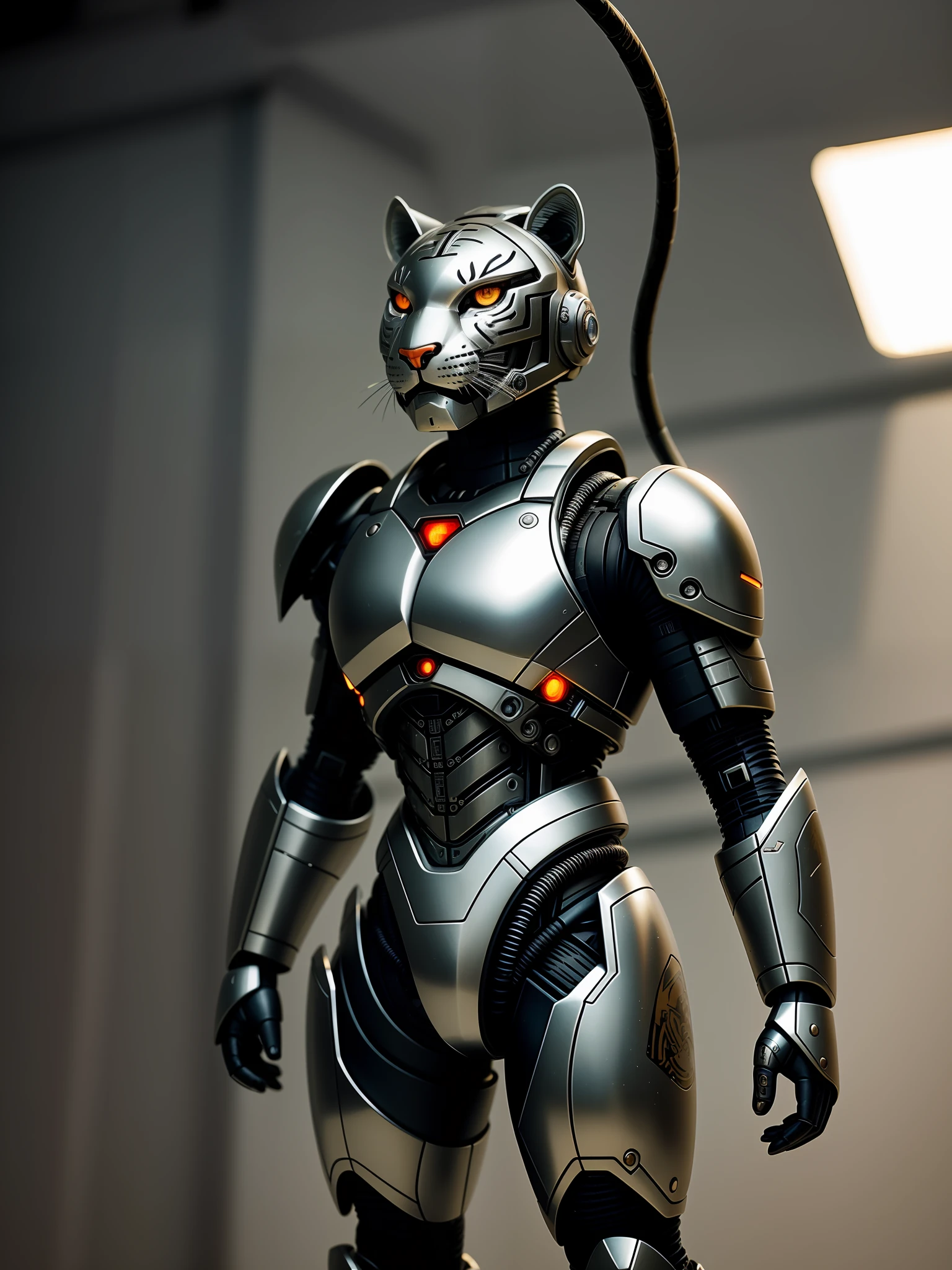 A cute little tiger in metal armor, (cyborg: 1.1), ([tail | detailed wire]:1.3), (intricate detail), hdr, (hyperdetailed: 1.2), cinematic shot, vignette, centered