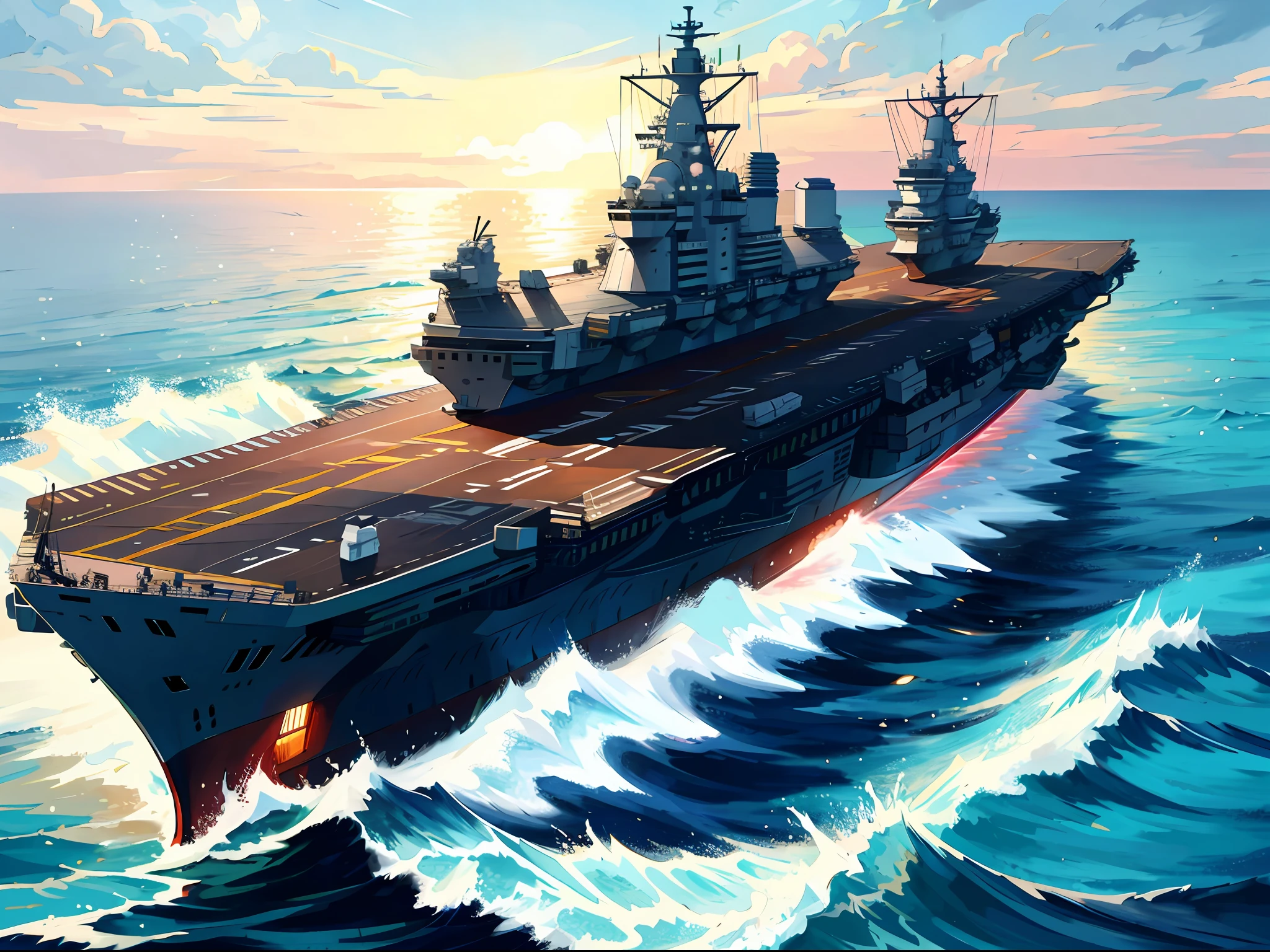 High resolution, highest quality, illustration, super detailed, aircraft carrier, sea, frigate, aircraft, correct carrier proportions