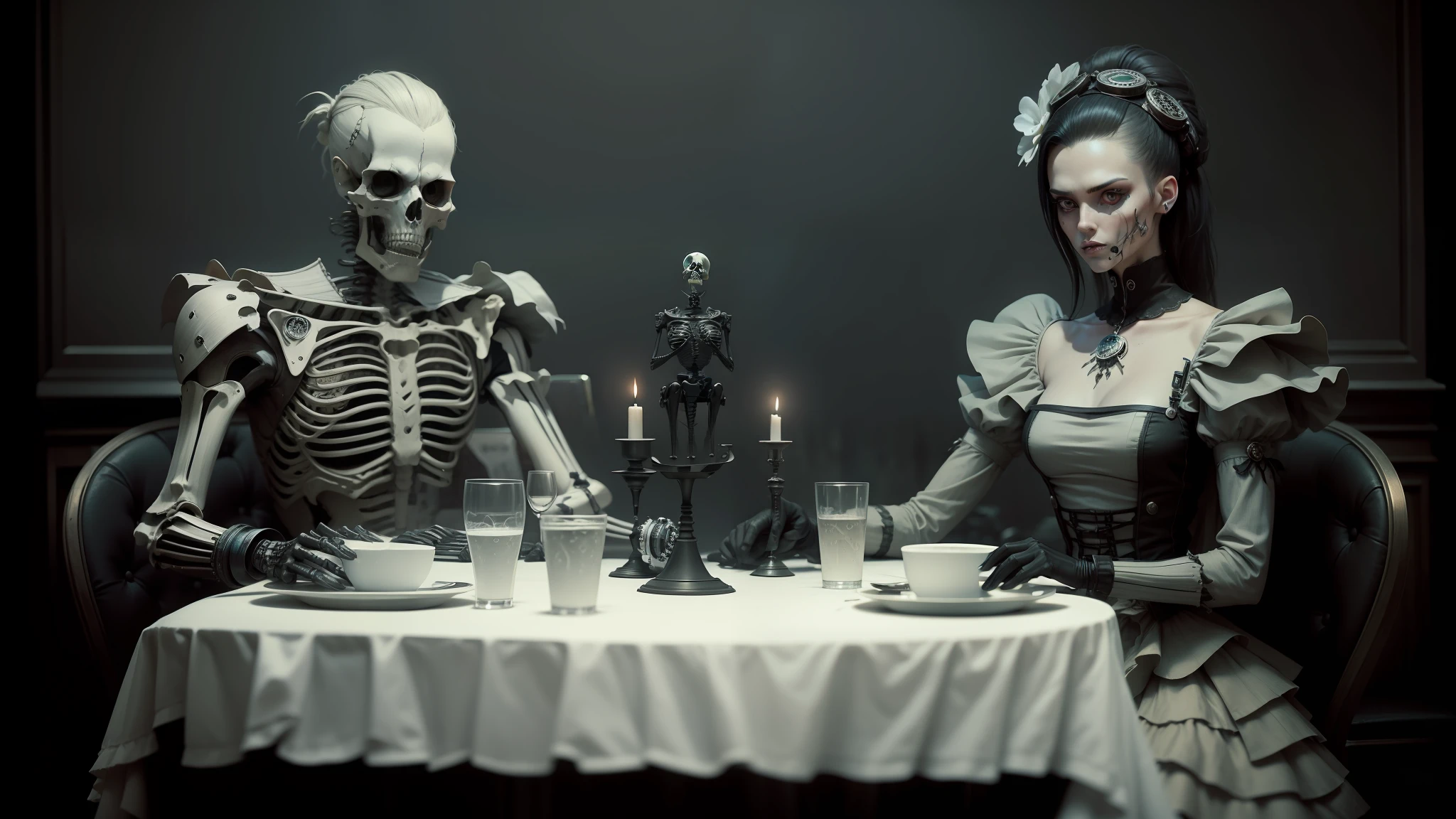 there are two women sitting at a table with a skeleton on it, cyborg fashion shot, pierre pellegrini and ash thorp, date, die antwoord style wear, wearing steampunk attire, lovely couple, inspired by Thomas Nast, hunger, couple, icons --auto --s2