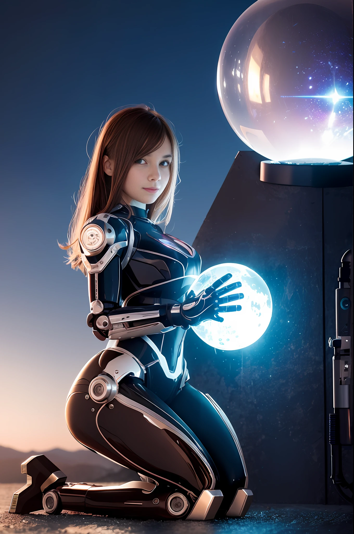 (8K, Best Quality, Masterpiece: 1.2), (Realistic, Photorealistic: 1.37), Super Detail, (1 Robot Girl), All Mecha from the neck down, Android, Cute, Solo, (Nose Red), (Smile: 1.15), Beautiful Eyes, Big Eyes, (Long Hair: 1.2), Floating Hair Novafrog style, brown hair, mechanical body, cable, gear mirror sphere, cyberpunk, kneeling, countless soap bubbles, desert, evening, mirror