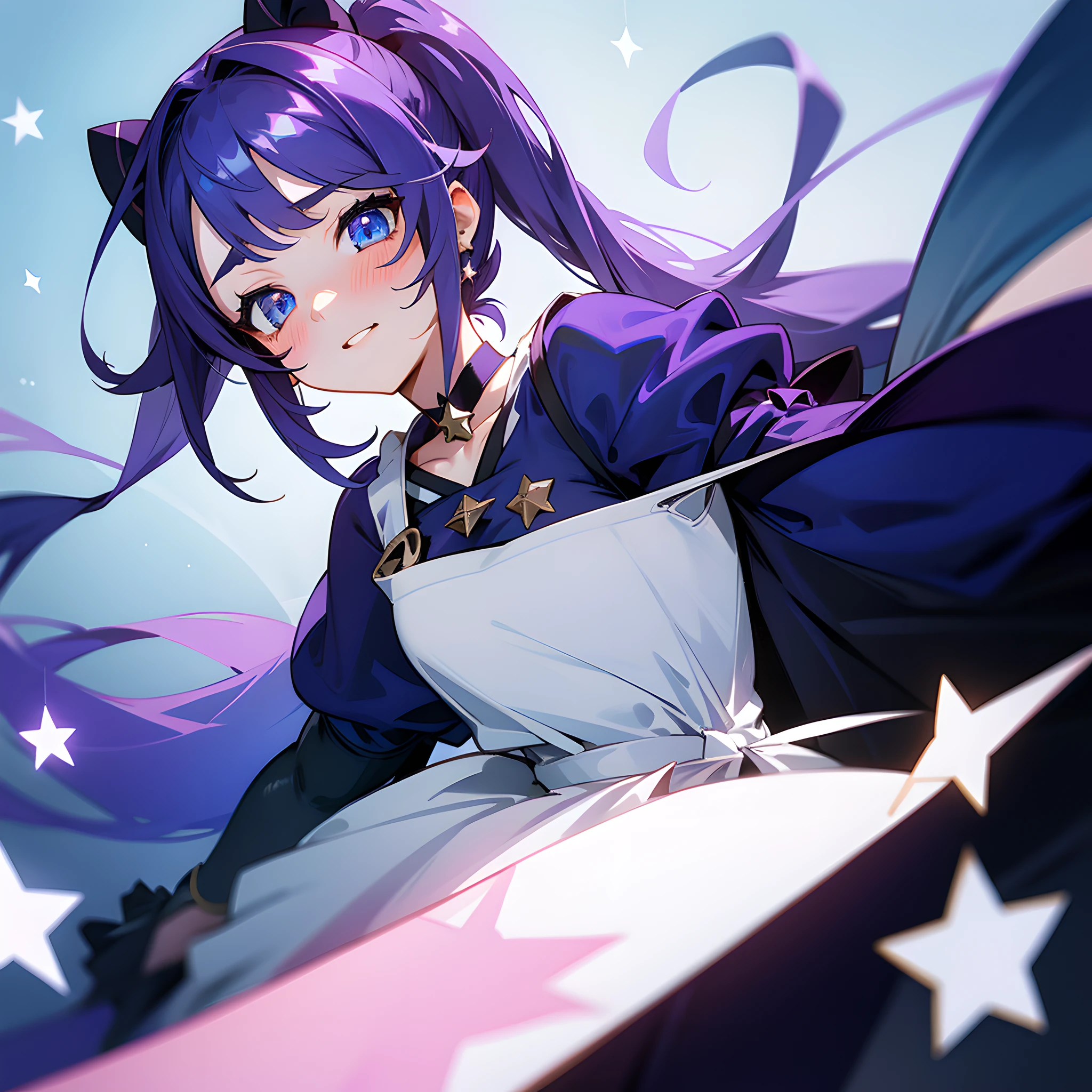 (1 girl), illustration, Mona \(Genshin Impact\), choker, star \(symbol\), witch, blue eyes, shining eyes, dark purple hair, long hair, ponytails, white apron, embarrassment, blushed