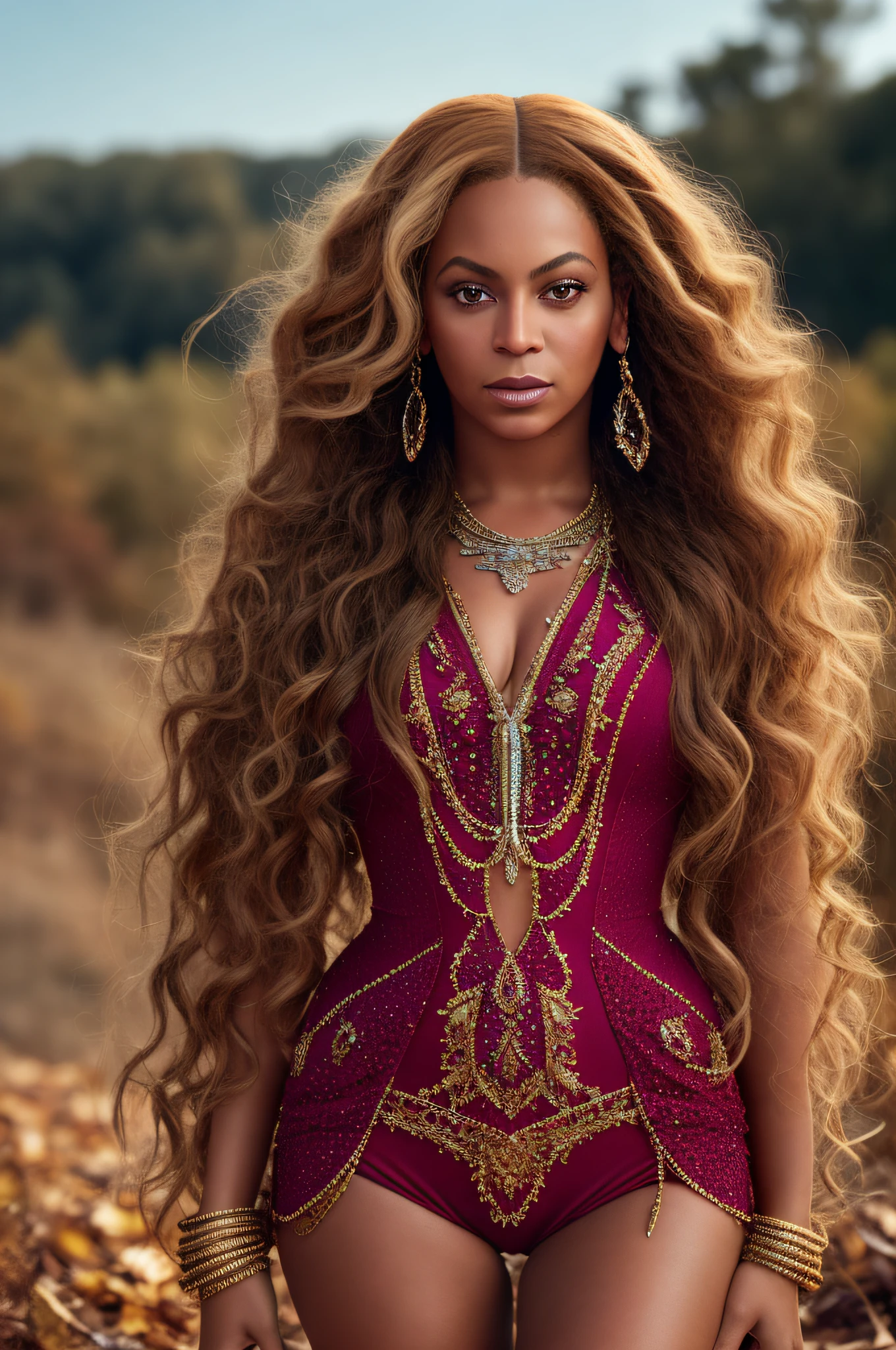 Beyoncé photo, 4K texture, high quality, gorgeous hairstyle, 8k picture, high image quality, with fancy clothes, long hair, with details, accessories, inspired by Autumn Goodbye music, WHOLE BODY