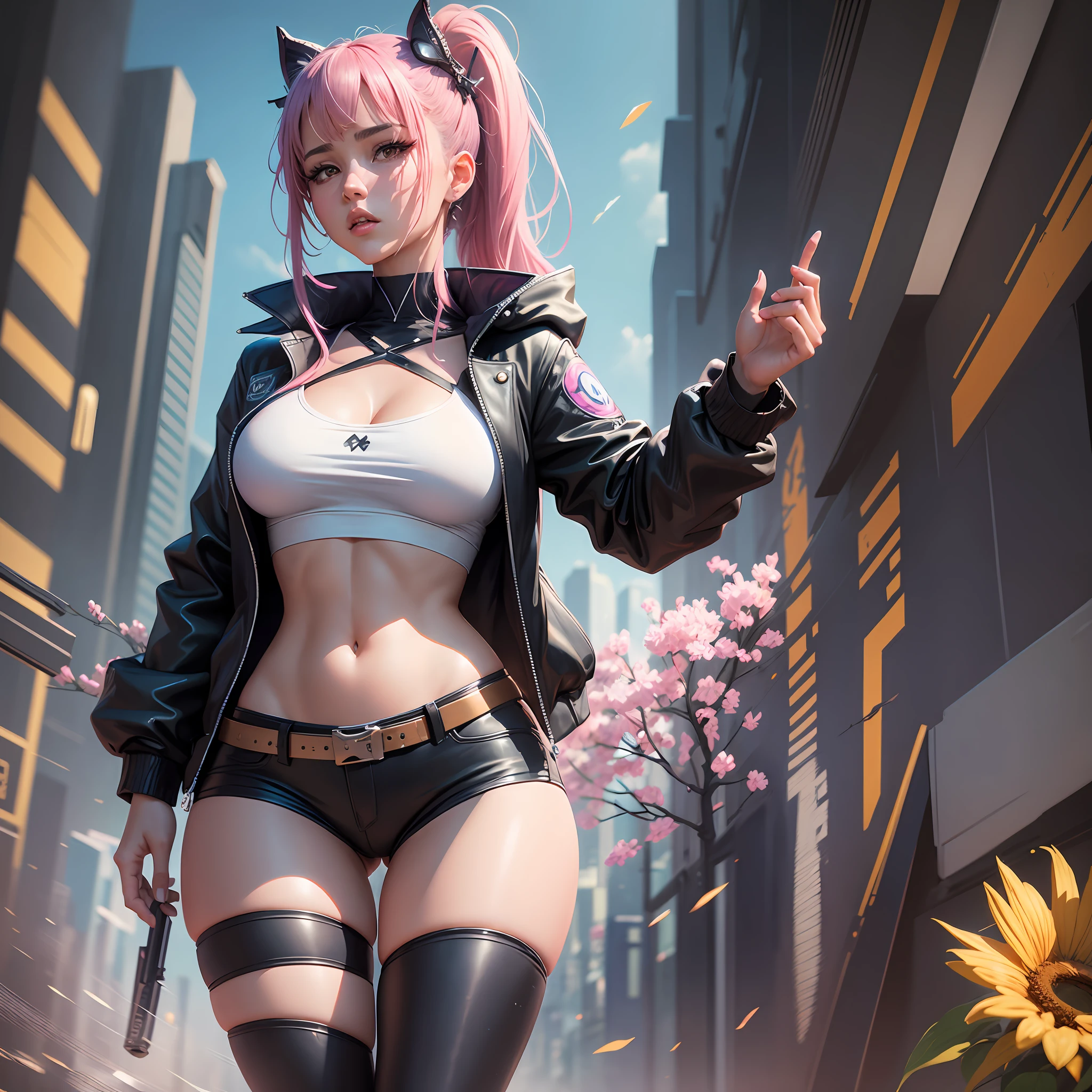 An anime illustration of a woman in Ariana Grande’s style.attractive female goddess, oversized black jacket, terrado pink pants and cutout white shirt under a blue sky with flowering sunflowers. highly detailed, realistic,cinematic. 8 k .Let me see your thighs with your legs,photo realistic,cinematic lighting,hyperdetailed,glow effect, Charlie Bowater, stanley artgerm lau, a character portrait, sots art, sharp focus, smooth, aesthetic, extremely detailed, octane render,solo, dark industrial background, rtx, rock clothes, cinematic light, intricate detail, highly detailed, high res, detailed facial features --auto --s2