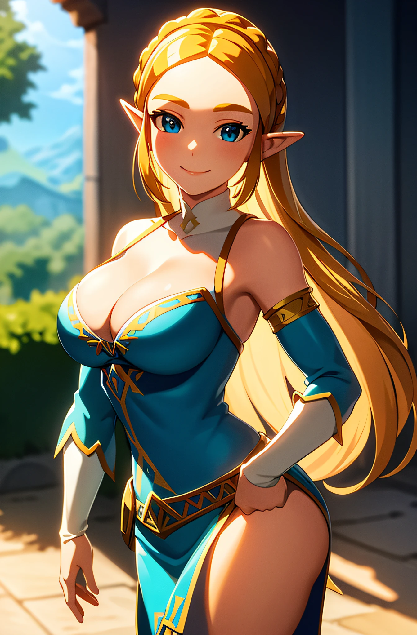 masterpiece,best quality,zelda\(princess\), 1girl, solo, large breasts, cleavage, smile, long_hair, bikini
