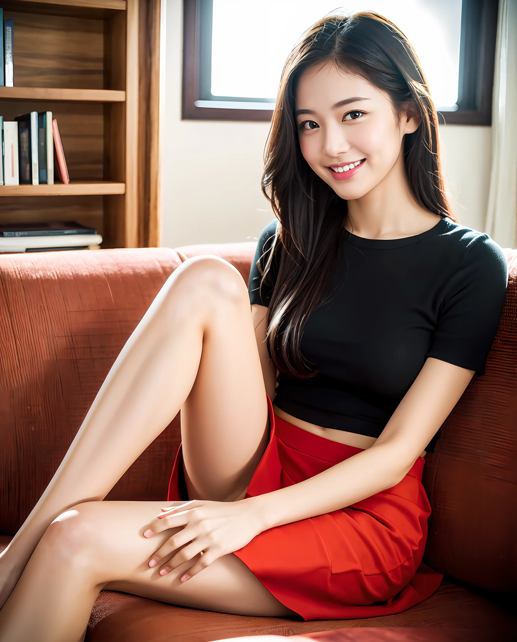 1girl,18,mix4,(8k, RAW photo, best quality, masterpiece:1.2), (realistic, photorealistic :1.37), cute, best illustration, extremely delicate beauty, floating, high resolution, close-up portrait, full body, delicate facial features, perfect face, 1girl, ((long black hair: 1.2)), sitting sideways, ((red skirt)), full-body, interior, light smile, smile, sexy, bookshelf background, sitting on sofa with legs together,