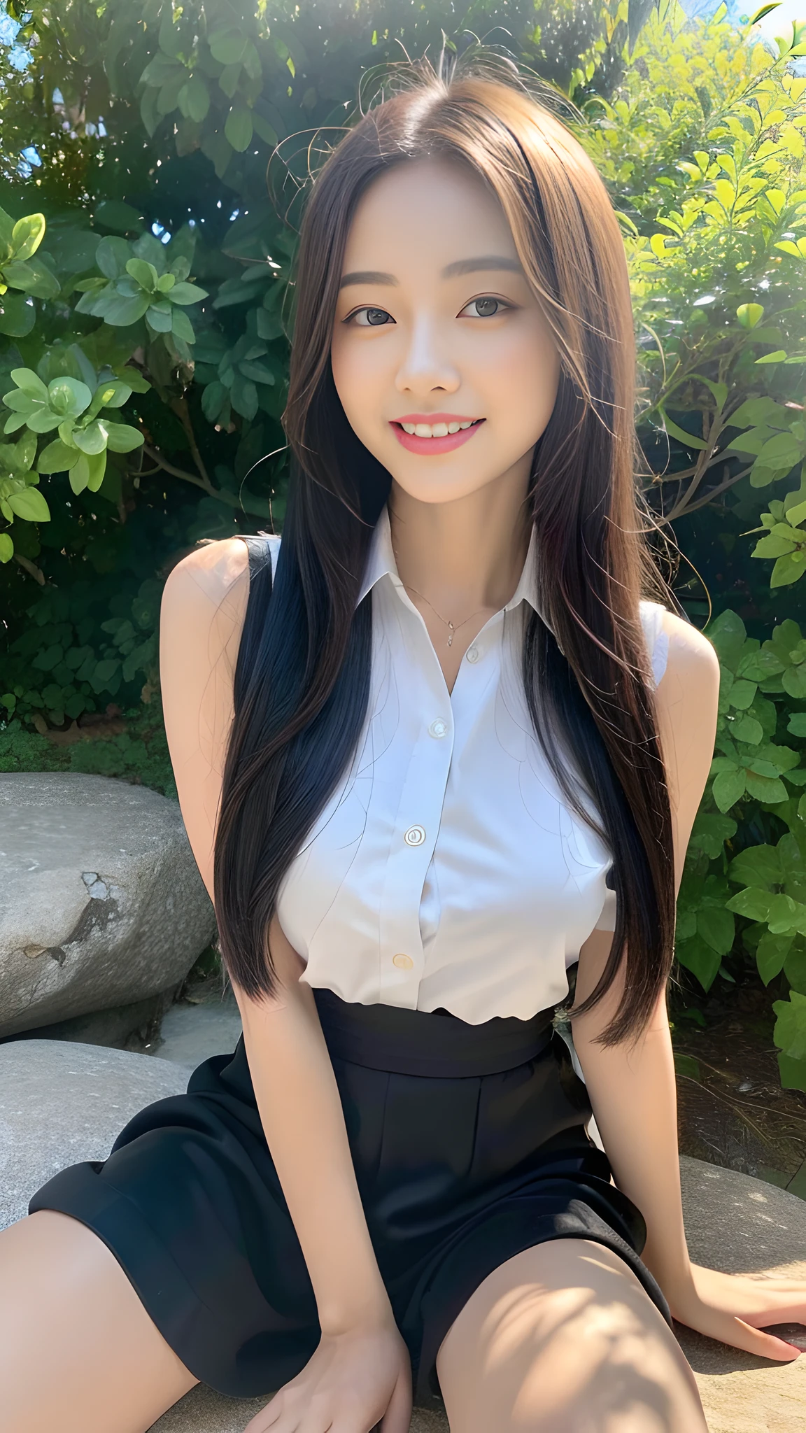 ((Best quality, 8K, Masterpiece:1.3)), a beautiful girl, pure, melon face, gentle and cute, sweet smile, pure desire, thin figure, (frontal), (tilted head), looking directly at the camera, uniform, obi, formal, black silky long straight hair, long hair flowing over the shoulders, round black big eyes, clear big eyes, moist red lips, sweet, sitting on the rock, sunshine, garden background,