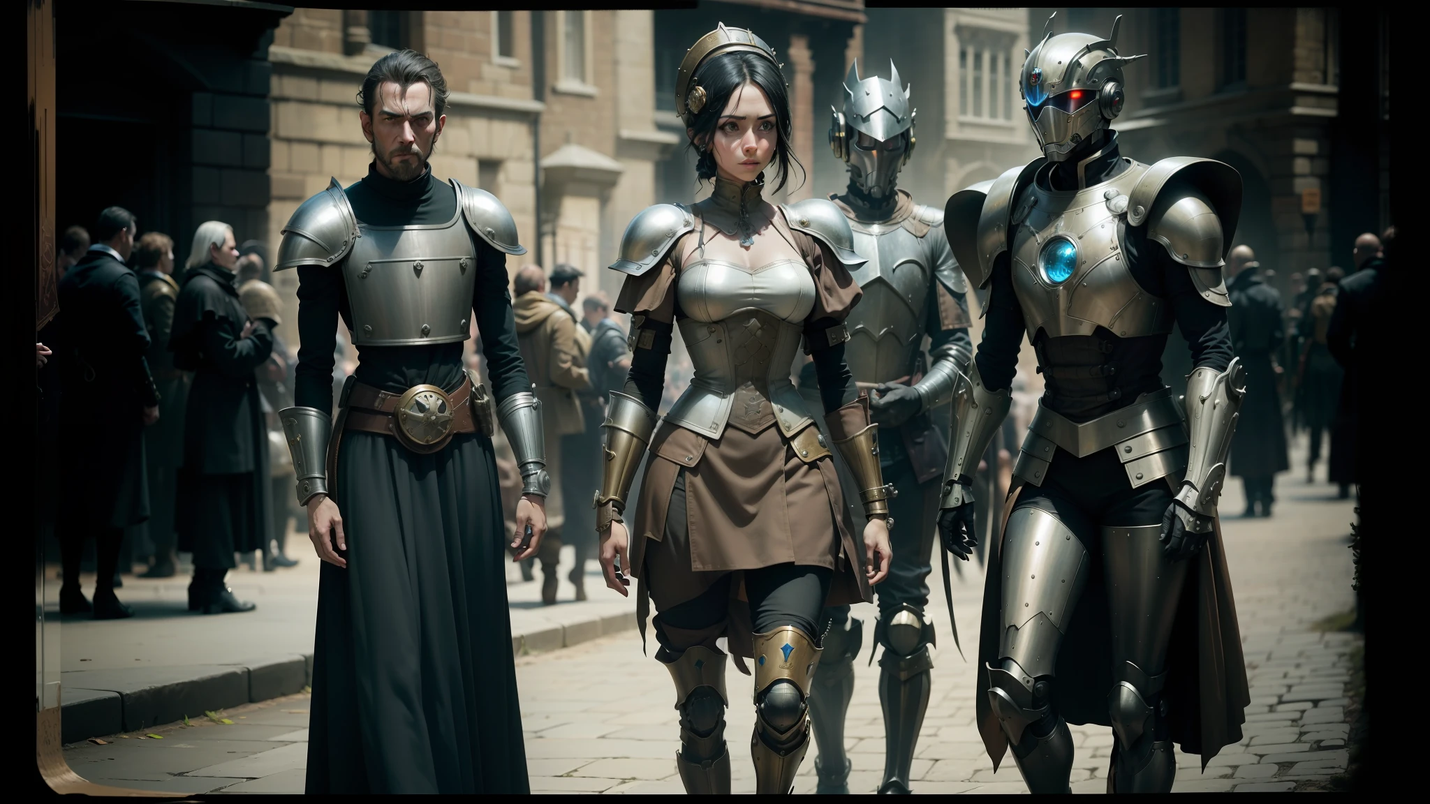 several people in medieval costumes are standing on a street, western steampunk cyborg, still from alita, by Robert MacBryde, desert circus mystics, anthropomorphic _ humanoid, still from the avengers, daguerrotype, intricate armor details, video art, steam necropolis, droid, tin type, 1 9 th century london, robot --auto --s2