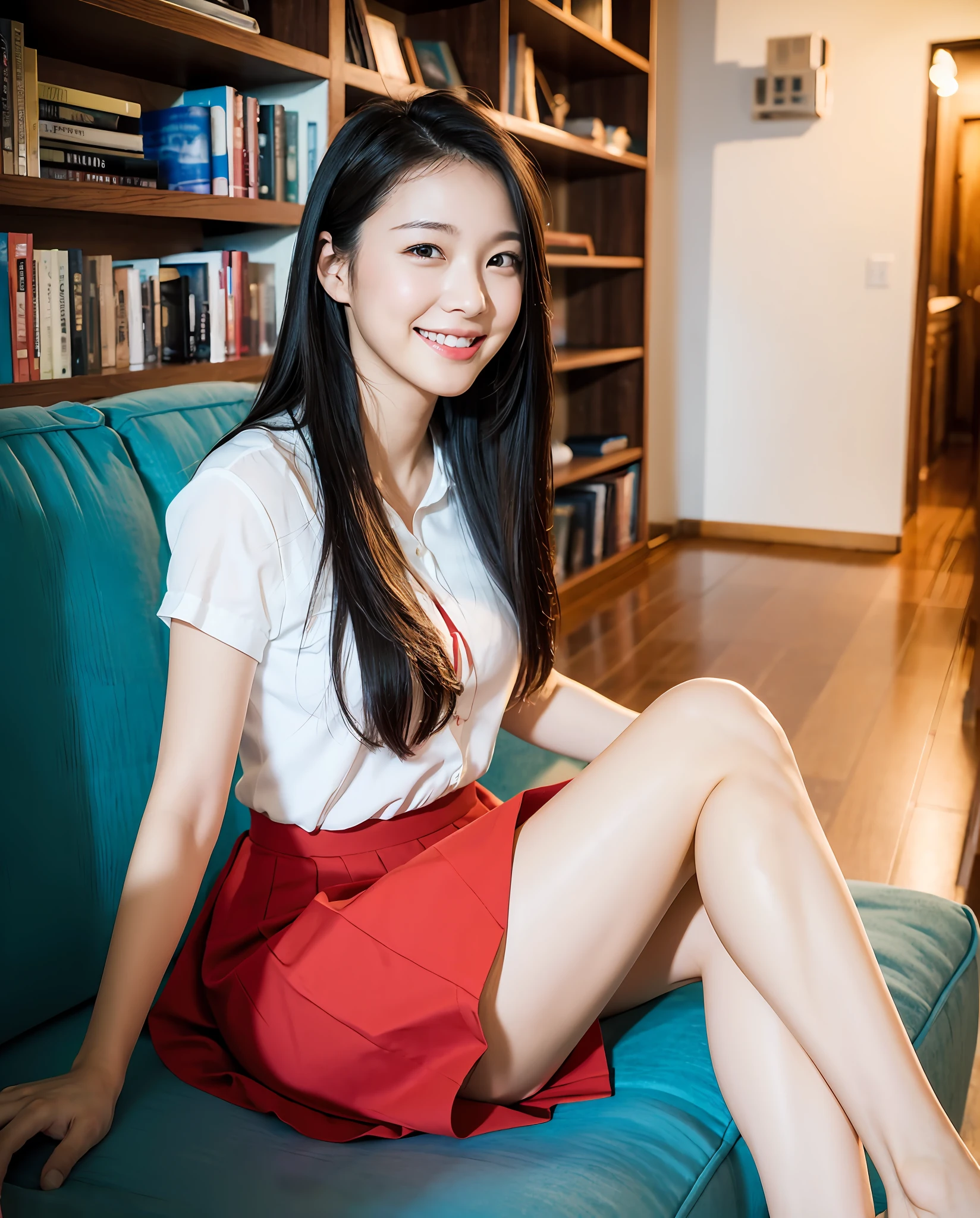 1girl,18,mix4,(8k, RAW photo, best quality, masterpiece:1.2), (realistic, photorealistic :1.37), cute, best illustration, extremely delicate beauty, floating, high resolution, close-up portrait, full body, delicate facial features, perfect face, 1girl, ((long black hair: 1.2)), sitting sideways, ((red skirt)), full-body, interior, light smile, smile, ????, bookshelf background, sitting on sofa with legs together, Cross your legs