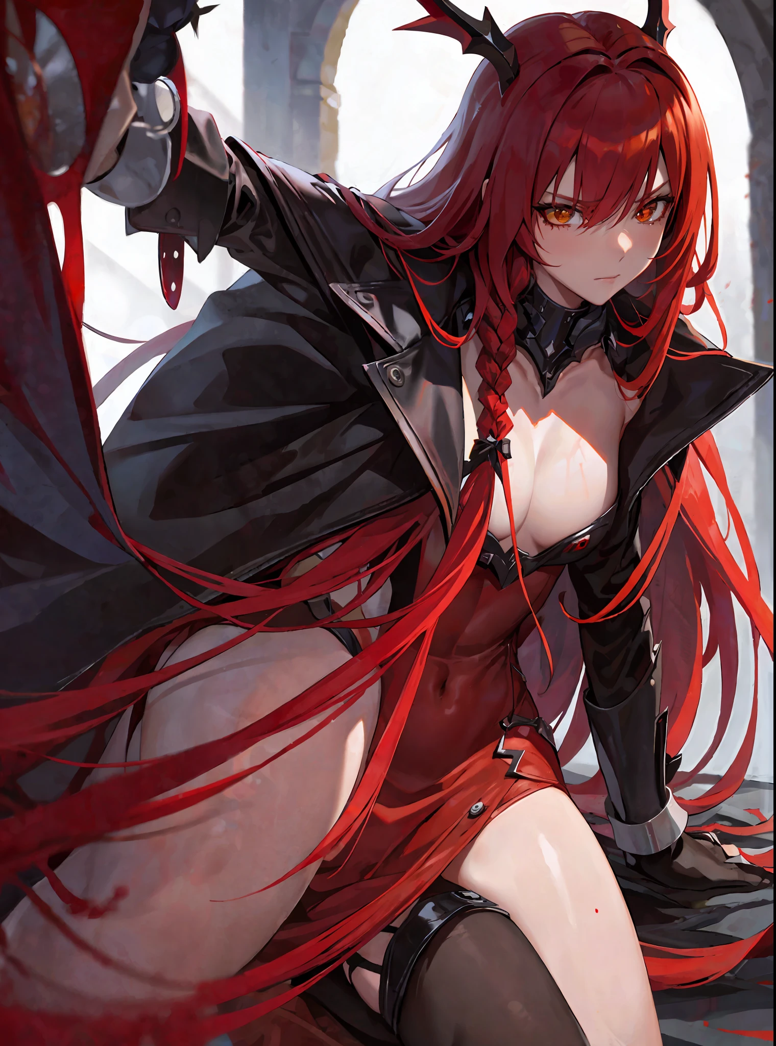 (masterpiece, best quality) an adult woman with very long red hair, short dress, red leather, black bows, long stockings, (red mask covering the eyes), red mask, (red mask), covered eyes, bare legs, bodysuit, queen, lake, braids, good anatomy, correct proportions, black boots, torn clothes, queen, yellow eyes, serious, mysterious appearance, blood, emotionless, red forest, straight bangs, very long red hair, evil, (yellow eyes), gothic, medium chest, blood weapons, blood spikes, chest to head show, cinematics, color oil painting, solo, film lighting, extremely detailed face, finely detailed face, beautiful face, beautiful eyes, perfect lighting, depth of field, realistic proportions, good anatomy, long coat