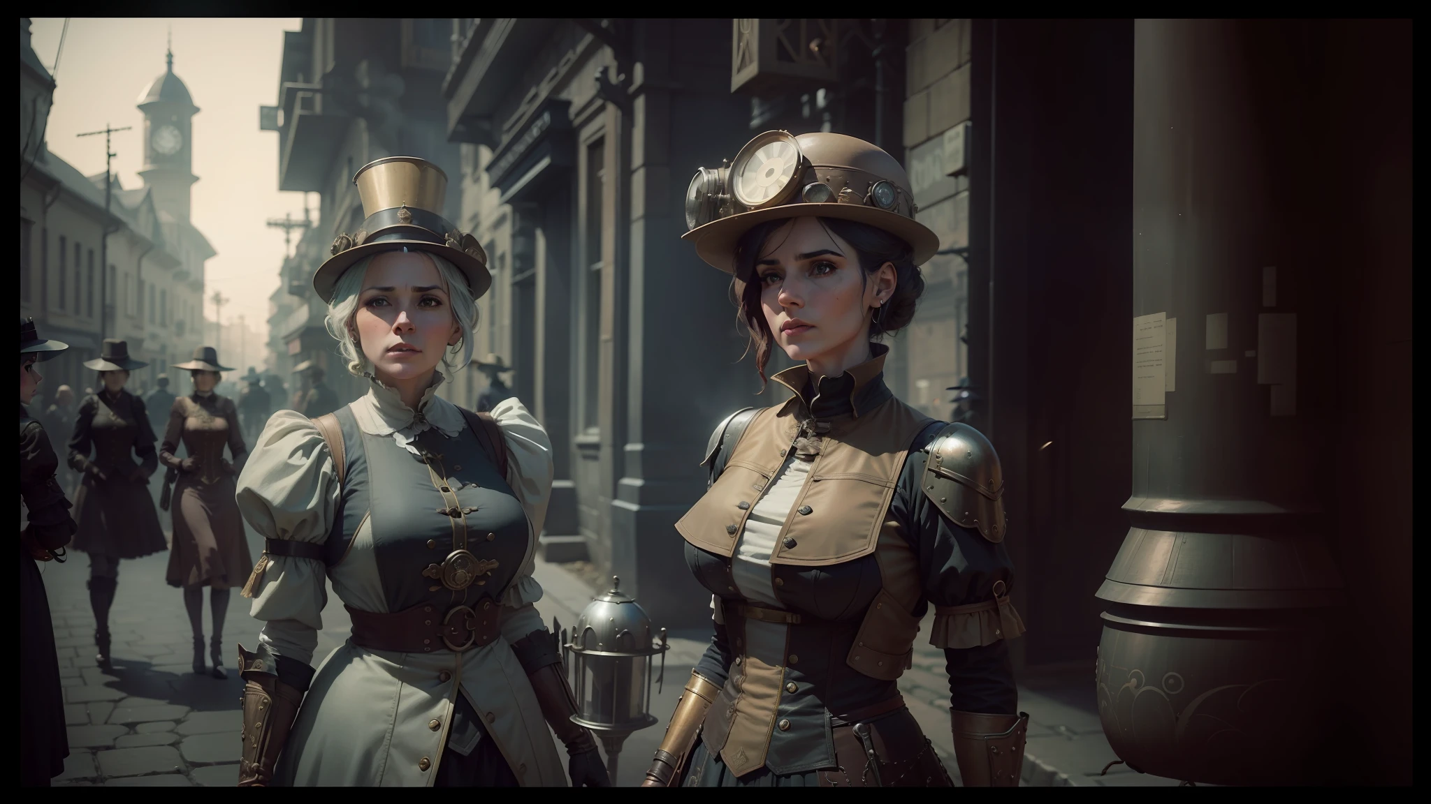 two women in steam - punk costumes stand in a street, intricate highly detailed 8 k, ash thorp, cinematic lighting tri - x, still from a music video, three women, miners, by Lili Árkayné Sztehló, 19 century, dark aesthetic, anthropomorphic --auto --s2