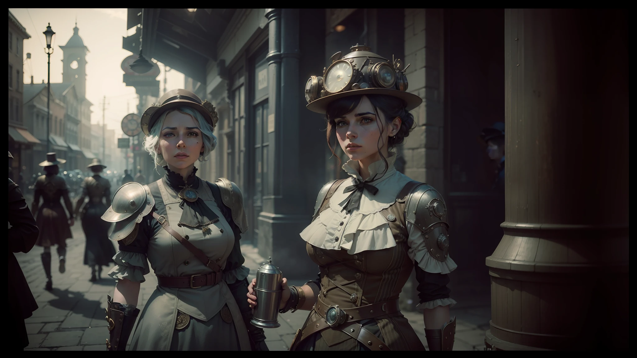 two women in steam - punk costumes stand in a street, intricate highly detailed 8 k, ash thorp, cinematic lighting tri - x, still from a music video, three women, miners, by Lili Árkayné Sztehló, 19 century, dark aesthetic, anthropomorphic --auto --s2
