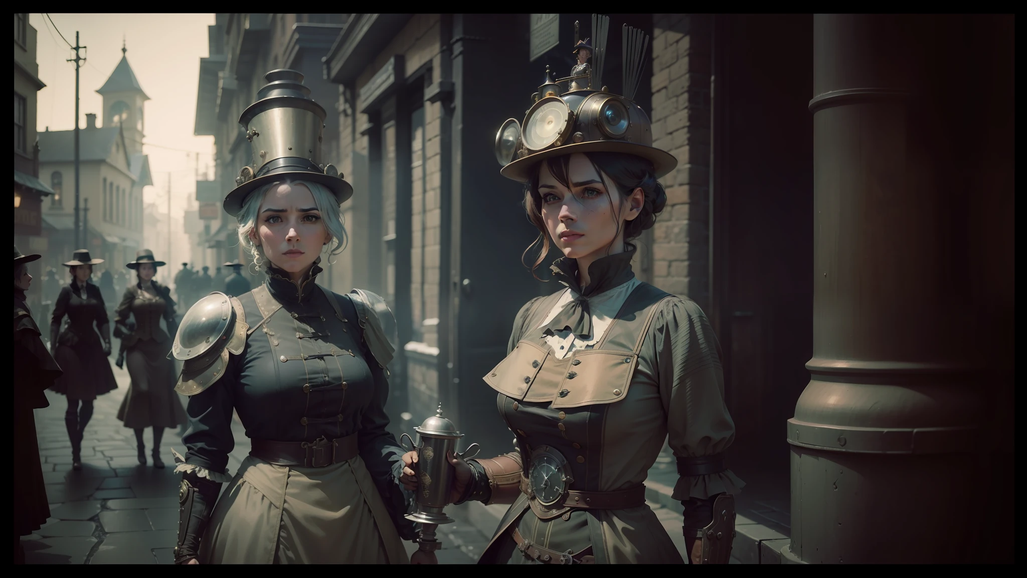 two women in steam - punk costumes stand in a street, intricate highly detailed 8 k, ash thorp, cinematic lighting tri - x, still from a music video, three women, miners, by Lili Árkayné Sztehló, 19 century, dark aesthetic, anthropomorphic --auto --s2