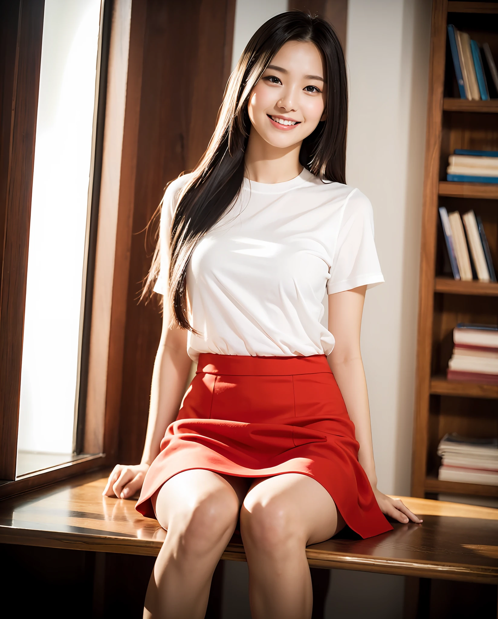 1girl, 18 years old, mix4, (8k, RAW photo, best quality, masterpiece: 1.2), (realistic, photorealistic :1.37), cute, best illustration, extremely delicate beauty, floating, high resolution, close-up portrait, full body, delicate facial features, perfect face, 1girl, ((long black hair: 1.2)), sitting, ((red skirt)), full body, interior, light smile, sexy, bookshelf as background