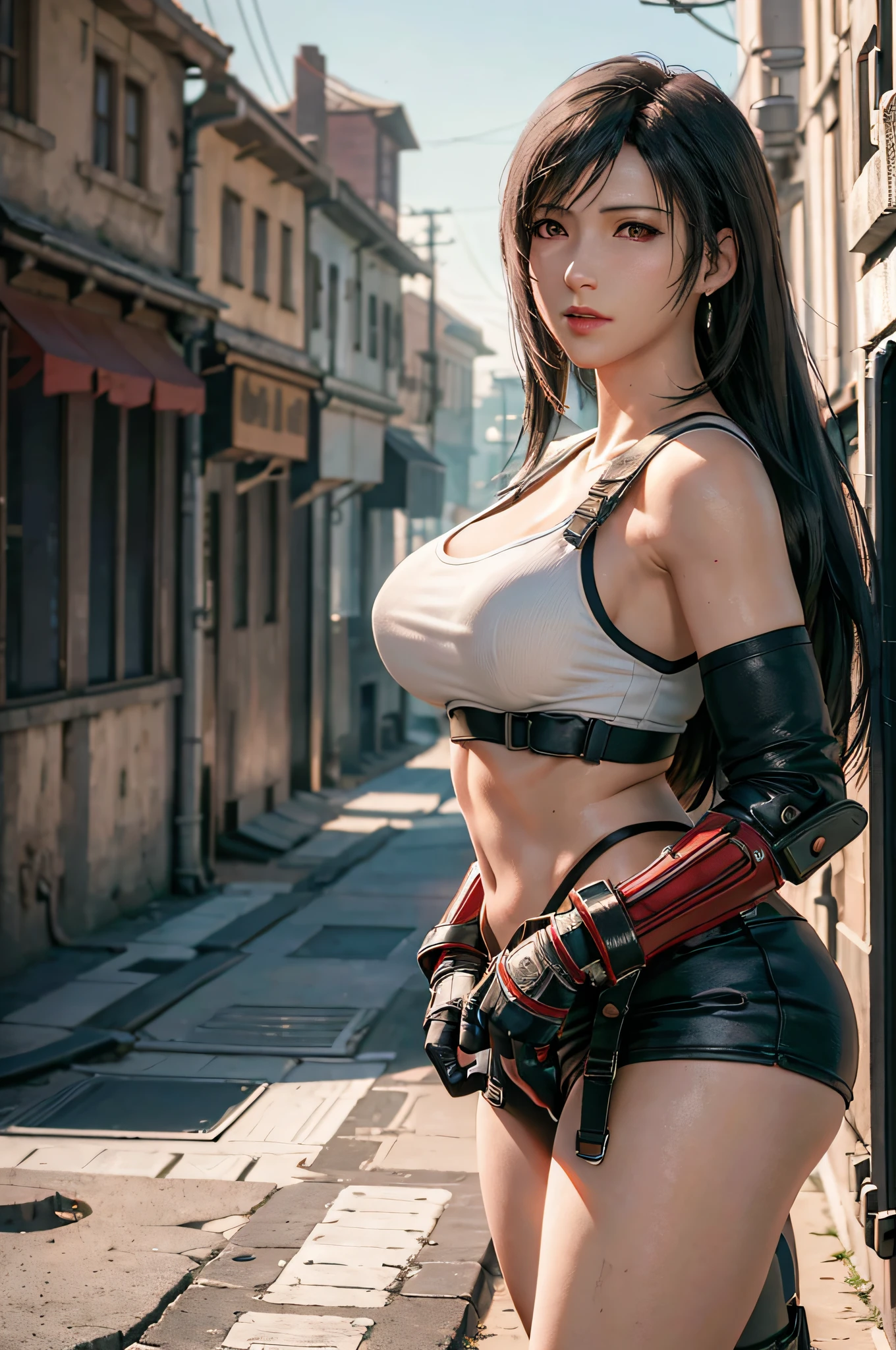 (masterpiece), (best quality), 8k resolution, ultra-detailed, hyper-detailed, realistic, photograph, photorealism, (1girl), Tifa, final fantasy, Tifa Lockhart, sun light, cinematic, cool pose, black hair, D cup, perfect body