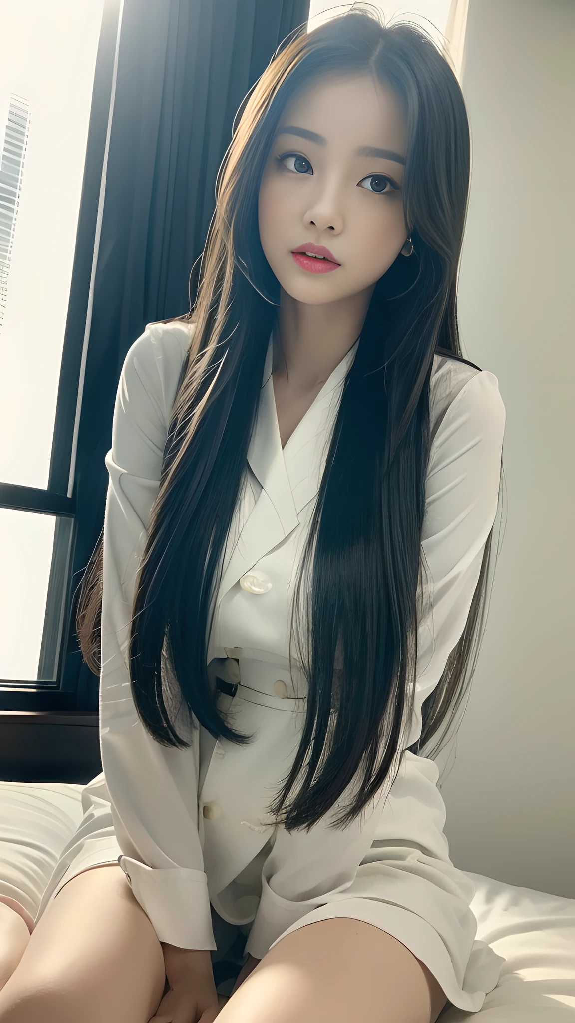 ((Best Quality, 8K, Masterpiece:1.3)), A beautiful girl, pure, melon face, gentle and cute, thin figure, (frontal), (tilted head), looking directly at the camera, uniform, obi, formal, black silky long straight hair, long hair flowing over the shoulders, round black big eyes, clear big eyes, moist red lips, sweet, sitting on the bed, sunlight, window background,