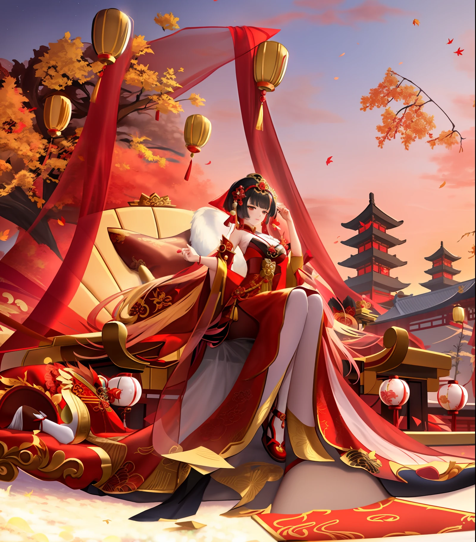 Anime Girl in Red and Yellow Dress with Oriental Decoration, Onmyoji Detailed Art, Palace, Hanfu Girl, Onmyoji, Beautiful Fantasy Queen, ((Beautiful Fantasy Queen)), Popular on CGSTATION, Pingshi Shenyao, Onmyoji Portrait, Autumn Harvest Goddess, Ancient Chinese Princess, Flat Lotus, Autumn Queen, Phoenix Xia Crown,