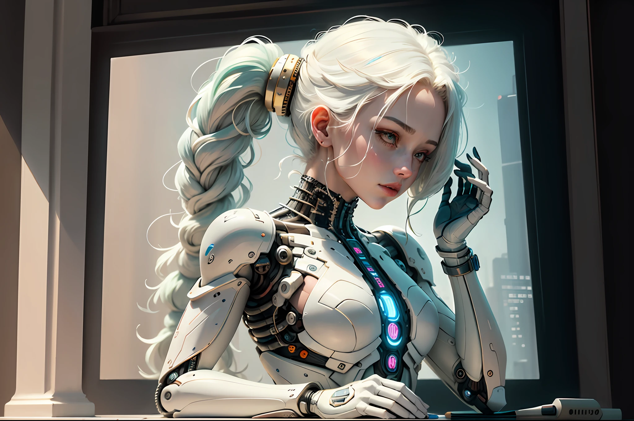 "Created with inspired ultra-detailed conceptual art | in a very developed futuristic world | electronic systems on a humanoid head | robots | have a visible detailed brain | with visible care | muscle cords | biopunk | cybernetics | cyberpunk | white marble statue | canon m50| 100 mm|sharply focused|smooth|surrealism|very detailed|intricate details|Michelangelo carving. Masterpiece. Unleash your inner Cu73Cre4ture programmer with the power of steady diffusion and bring your imagination to life! ", high detail, 8k