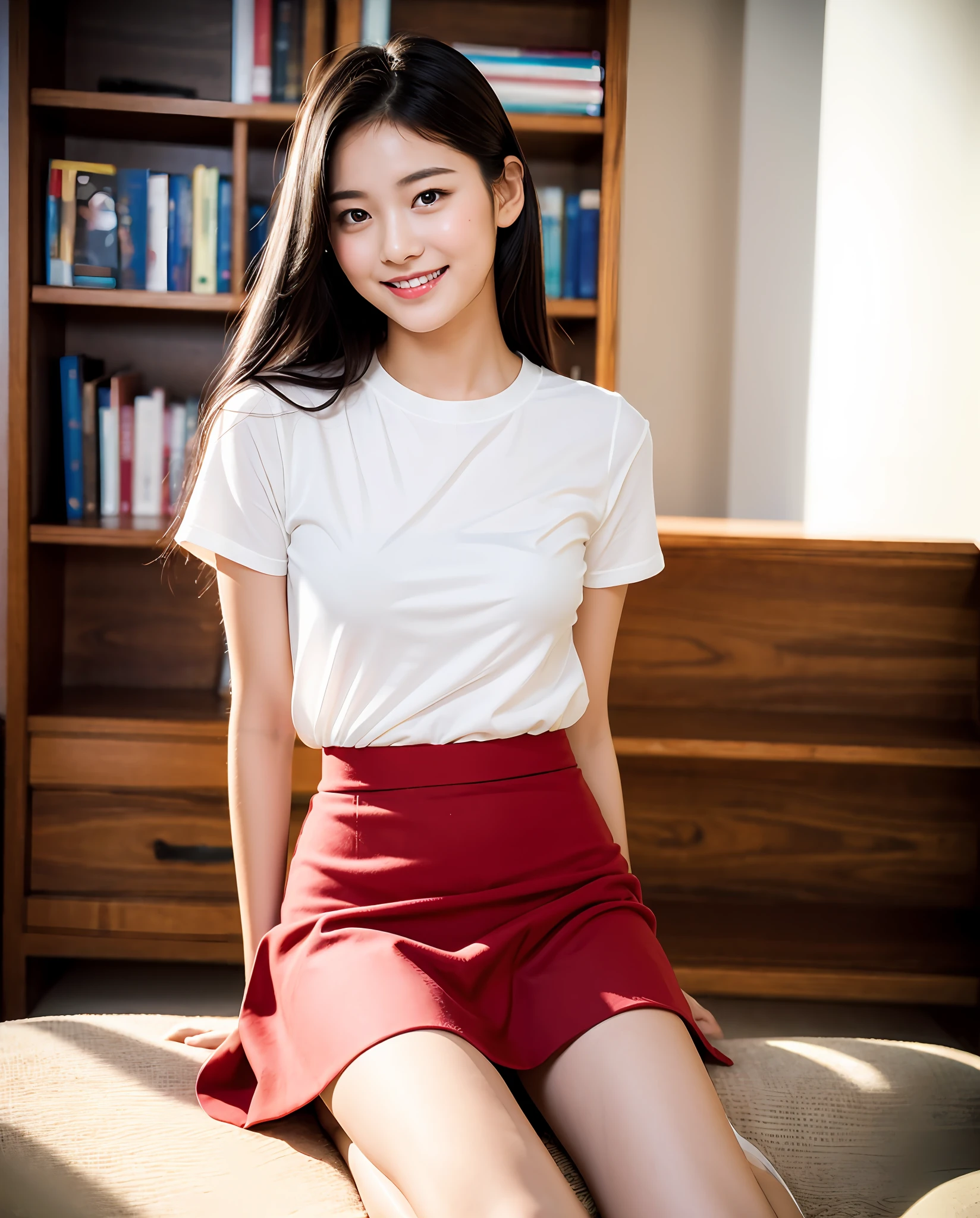1girl, 18 years old, mix4, (8k, RAW photo, best quality, masterpiece: 1.2), (realistic, photorealistic :1.37), cute, best illustration, extremely delicate beauty, floating, high resolution, close-up portrait, full body, delicate facial features, perfect face, 1girl, ((long black hair: 1.2)), sitting, ((red skirt)), full body, interior, light smile, sexy, bookshelf as background