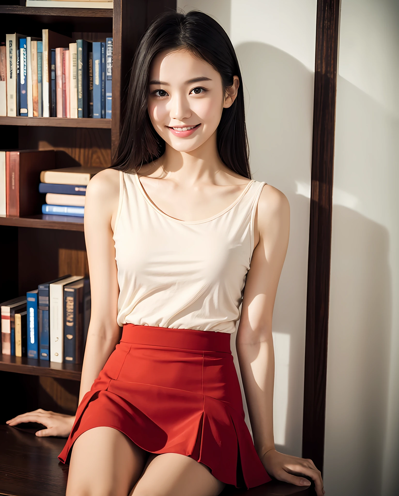 1girl, 18 years old, mix4, (8k, RAW photo, best quality, masterpiece: 1.2), (realistic, photorealistic :1.37), cute, best illustration, extremely delicate beauty, floating, high resolution, close-up portrait, full body, delicate facial features, perfect face, 1girl, ((long black hair: 1.2)), sitting, ((red skirt)), full body, interior, light smile, sexy, bookshelf as background