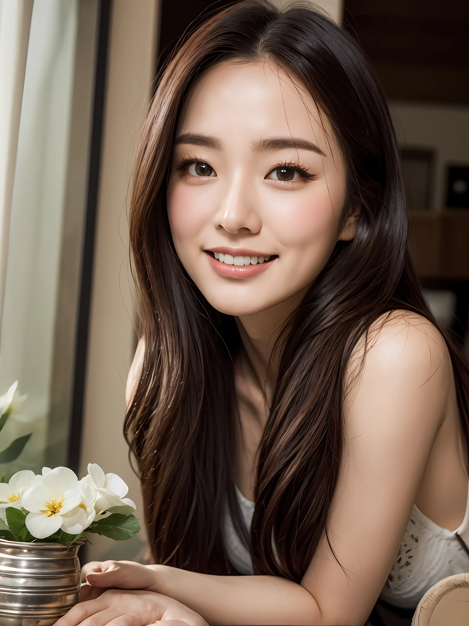 (A GIRL: 1.6), (lora:russianDoll:0.4), (lora:TaiwanDoll:0.4), (best quality, 8k, masterpiece: 1.3), focus 1.2, perfect body beauty: 1.4, highly detailed face and skin texture, detailed eyes, double eyelids, whitened skin, long hair split edges, (round face: 1.5)), looking at the audience, leaking teeth and laughing, sitting next to the audience, window, (Full body: 1.1), home, sofa, lamp, tea cup, TV, coffee table, flowers, (warm color: 1.5)
