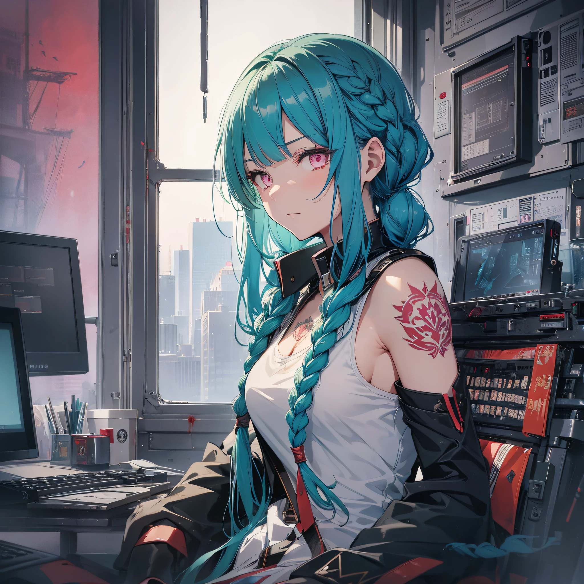 Absurd resolution, high resolution, (masterpiece: 1.4), hyper-detailed, 1 young woman, arm tattoo, asymmetrical bangs, bangs, blue hair, braids, pilot outfit, looking at the audience, crazy look (1.1), green hair, long hair, pink eyes, solo, standing, tattoo, double braids, sitting in an extremely narrow and closed mecha control room (1.3), night outside the window (1.1), blood moon (1.1), expression cruel and bloodthirsty tension (1.5)