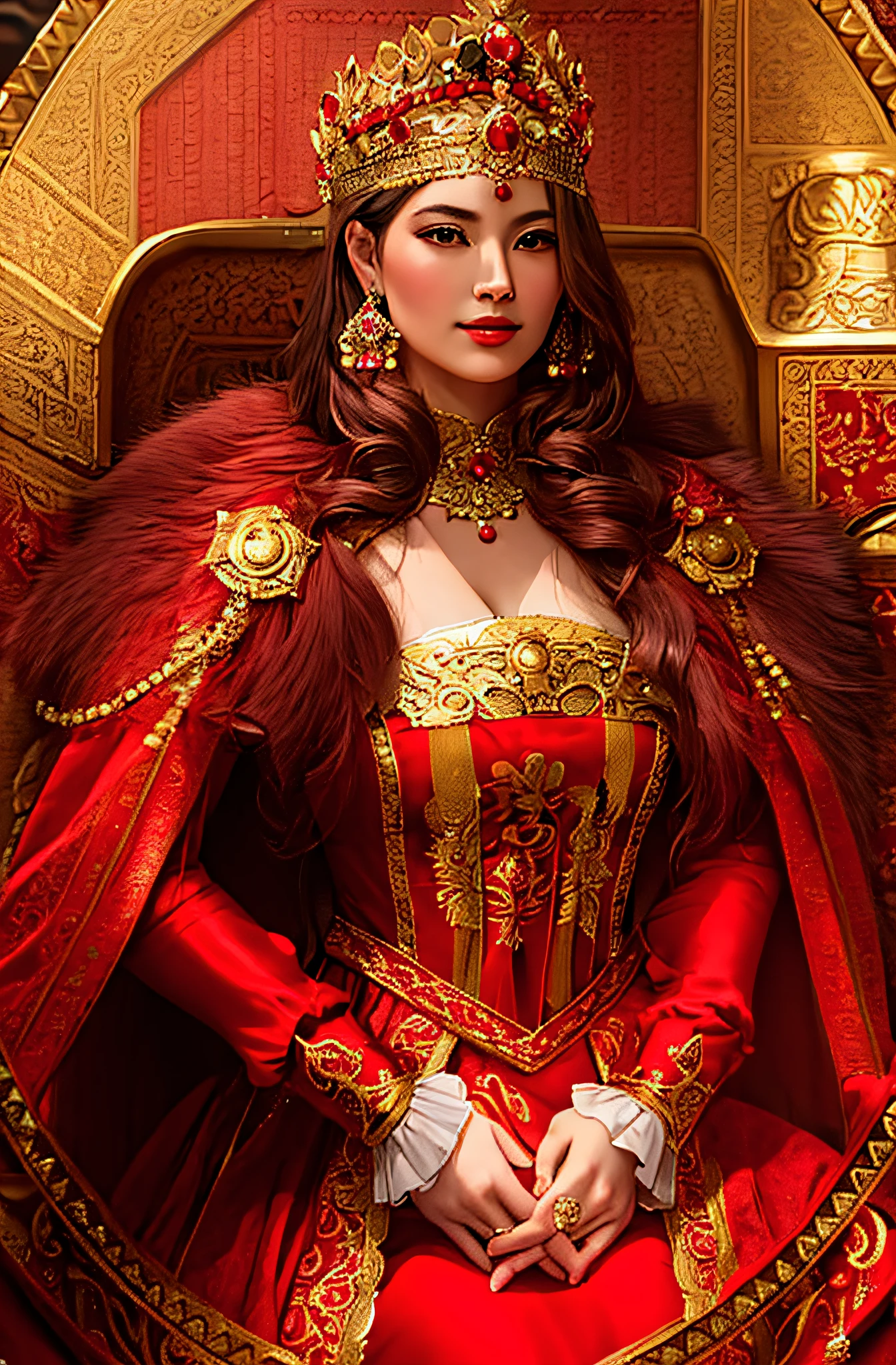 a close up of a woman in a red dress and a crown, a beautiful fantasy empress, ((a beautiful fantasy empress)), wearing a noblewoman's outfit, majesty in noble clothes, female dwarven noblewoman, kazakh empress, wearing an ornate outfit, as an elegant noblewoman, beautiful elf with ornate robes, wearing ornate clothing, regal and proud robust woman