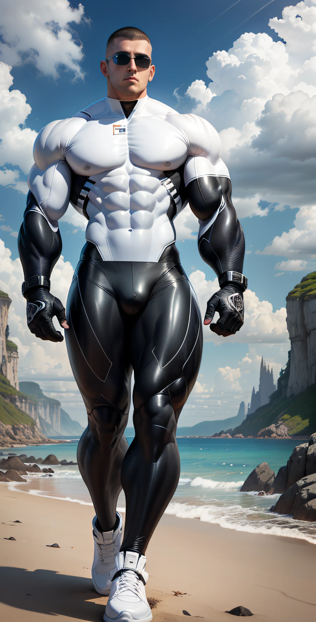 Allad man in white and black clothes standing on the sunny seashore, American round head, Buzz Cut, tall and burly, muscular male hero, heroic male pose, muscular! Wearing black sunglasses, spandex tight high elastic bodysuit, super buff and cool, high resolution committee, character design police, black army boots, charismatic strong male with spandex tight high elastic bodysuit